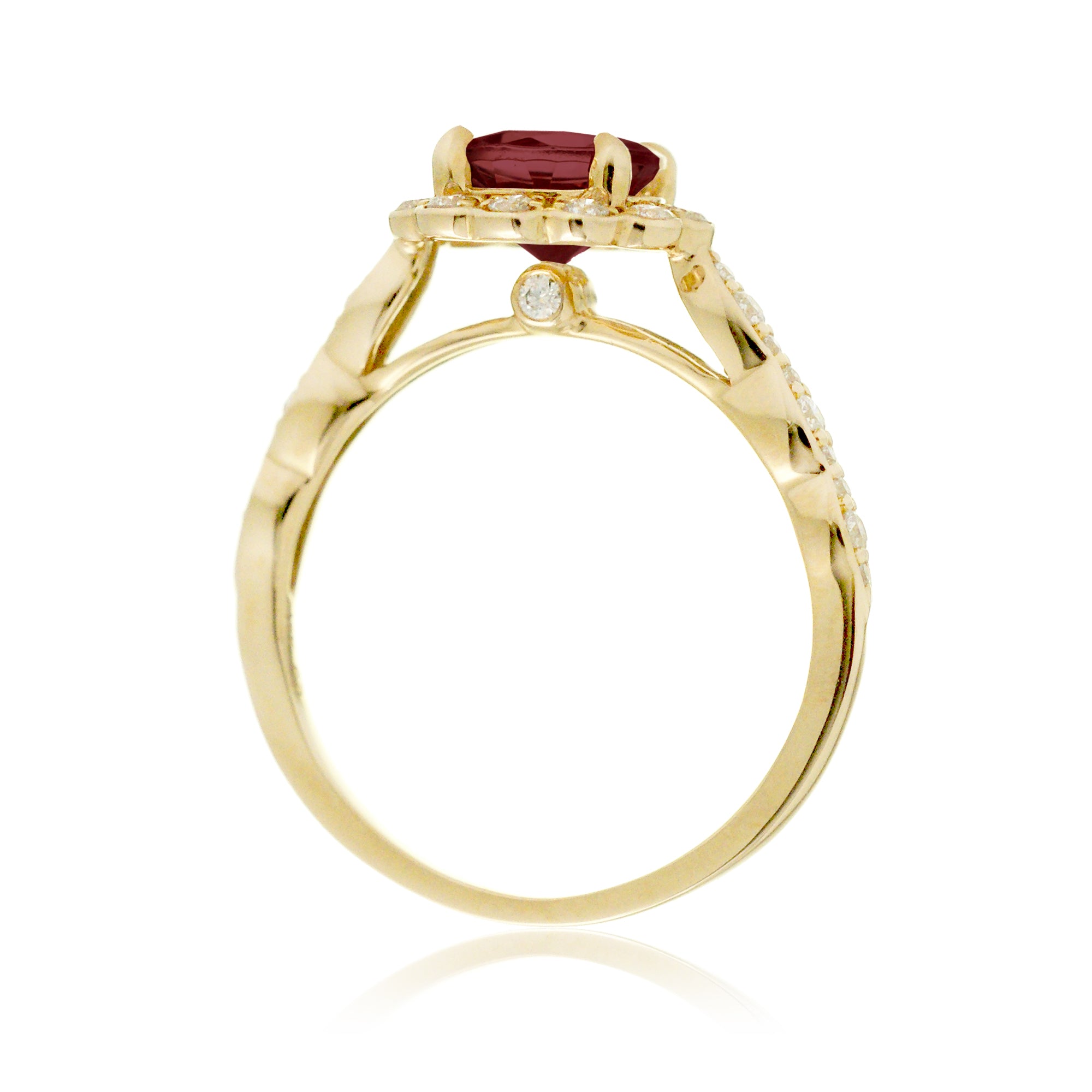 Round ruby scallop halo diamond engagement ring in yellow gold