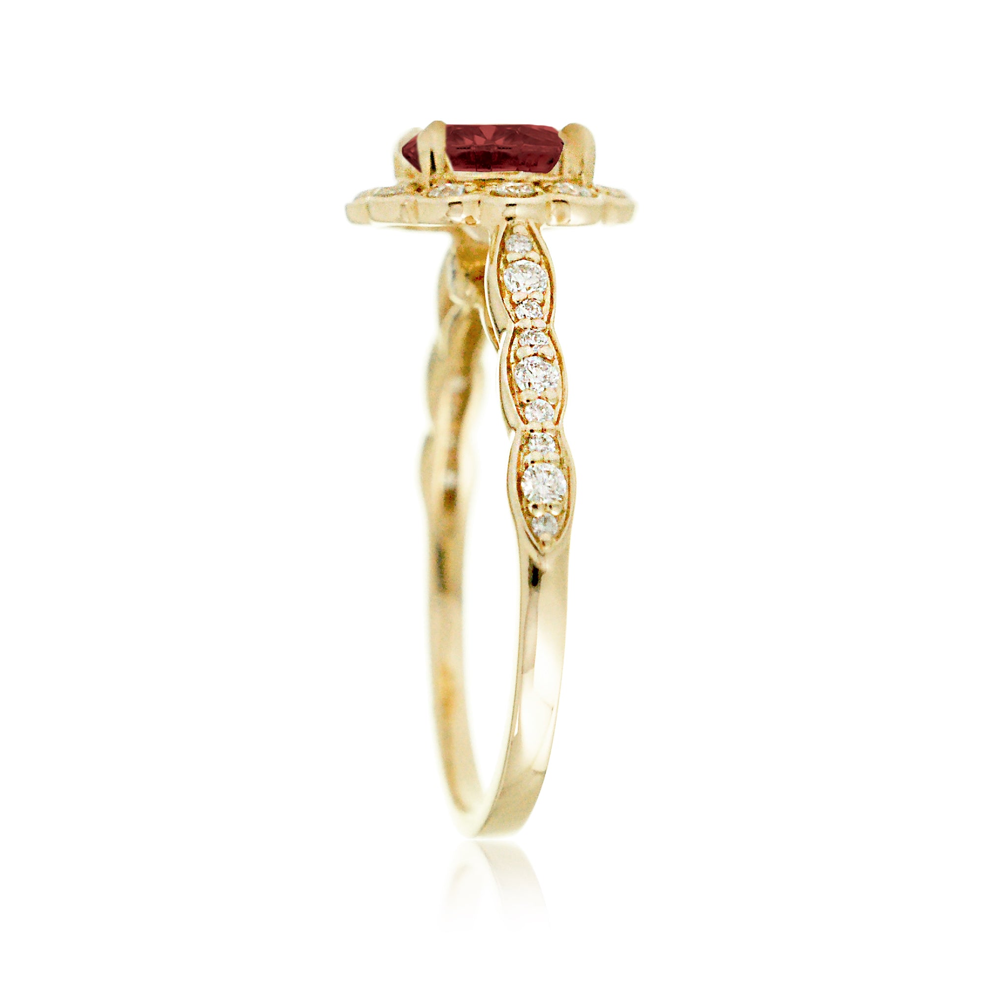 Round ruby scallop halo diamond engagement ring in yellow gold