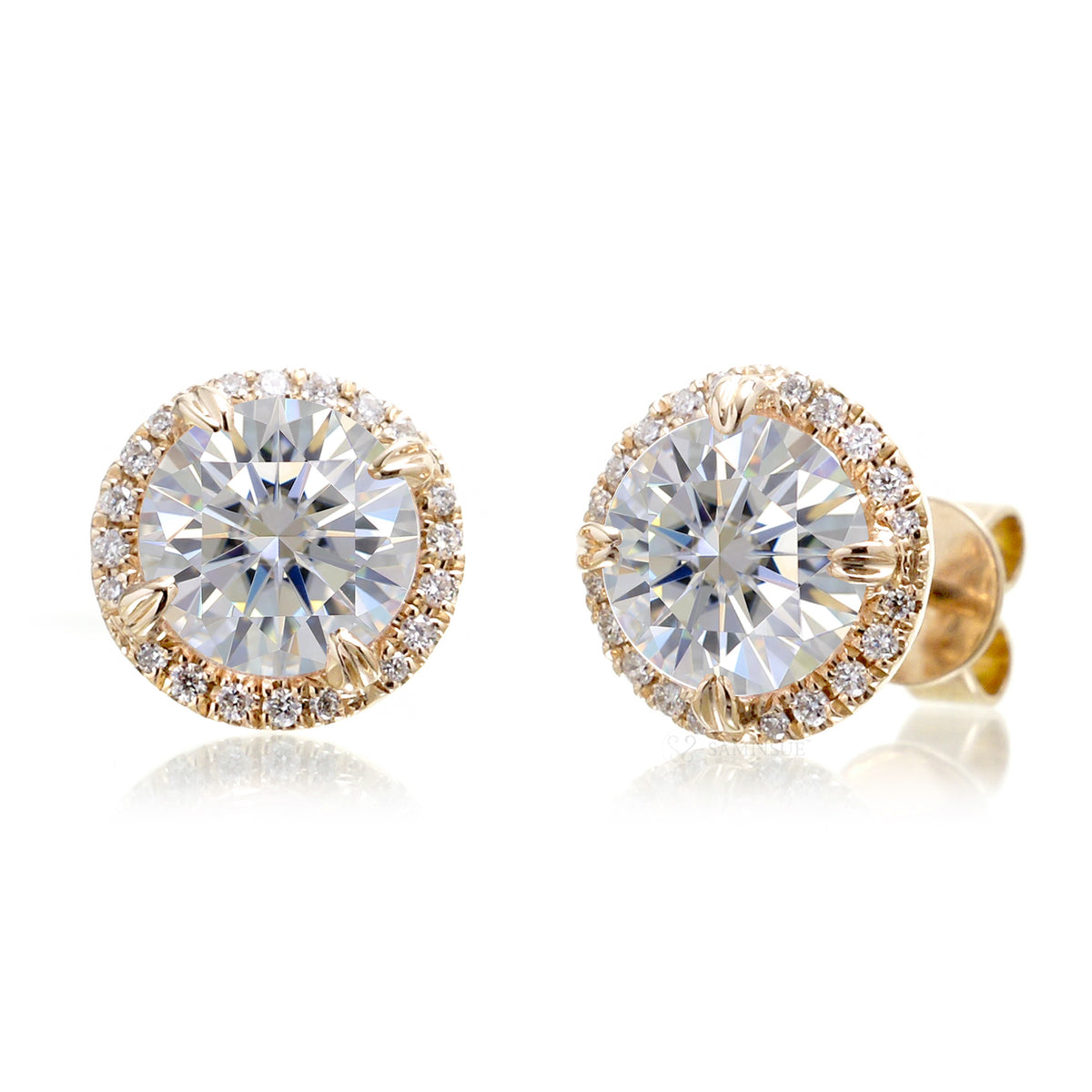 S925 Baguette Mix Round Cut Halo Stud Earrings - Pair – APORRO SALE New Gold Halo Round Cut Studs main image 2