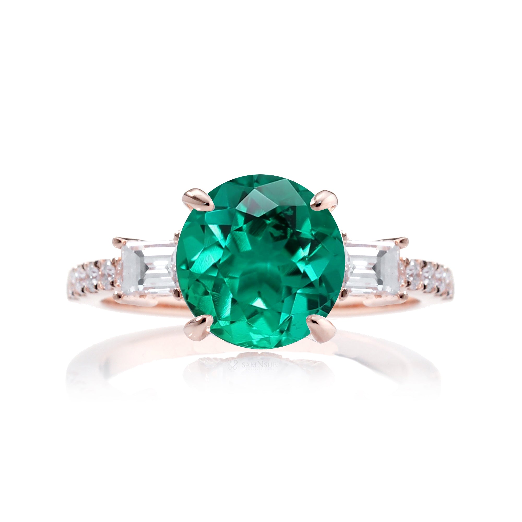Green emerald three stone diamond baguette engagement ring rose gold