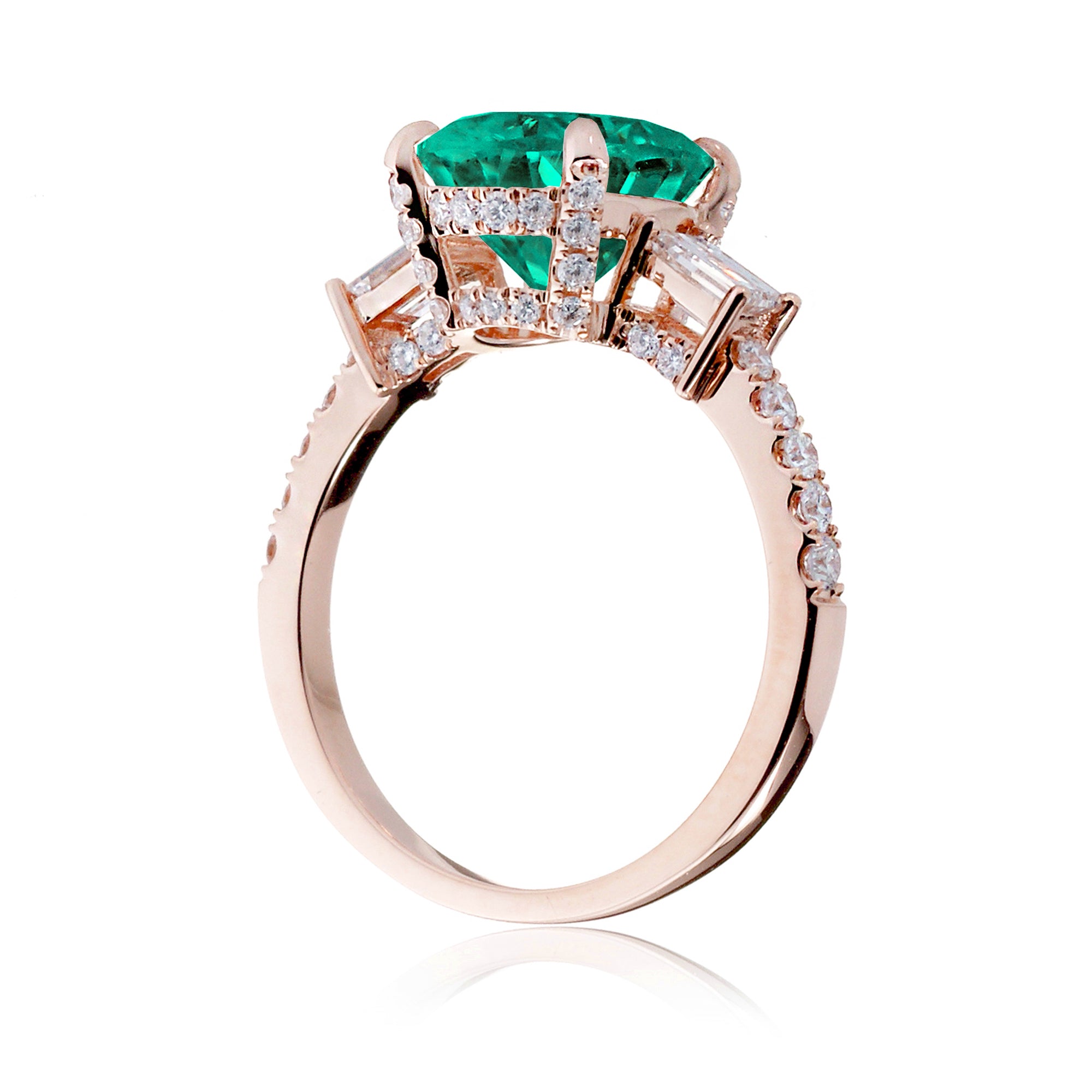 Green emerald three stone diamond baguette engagement ring rose gold