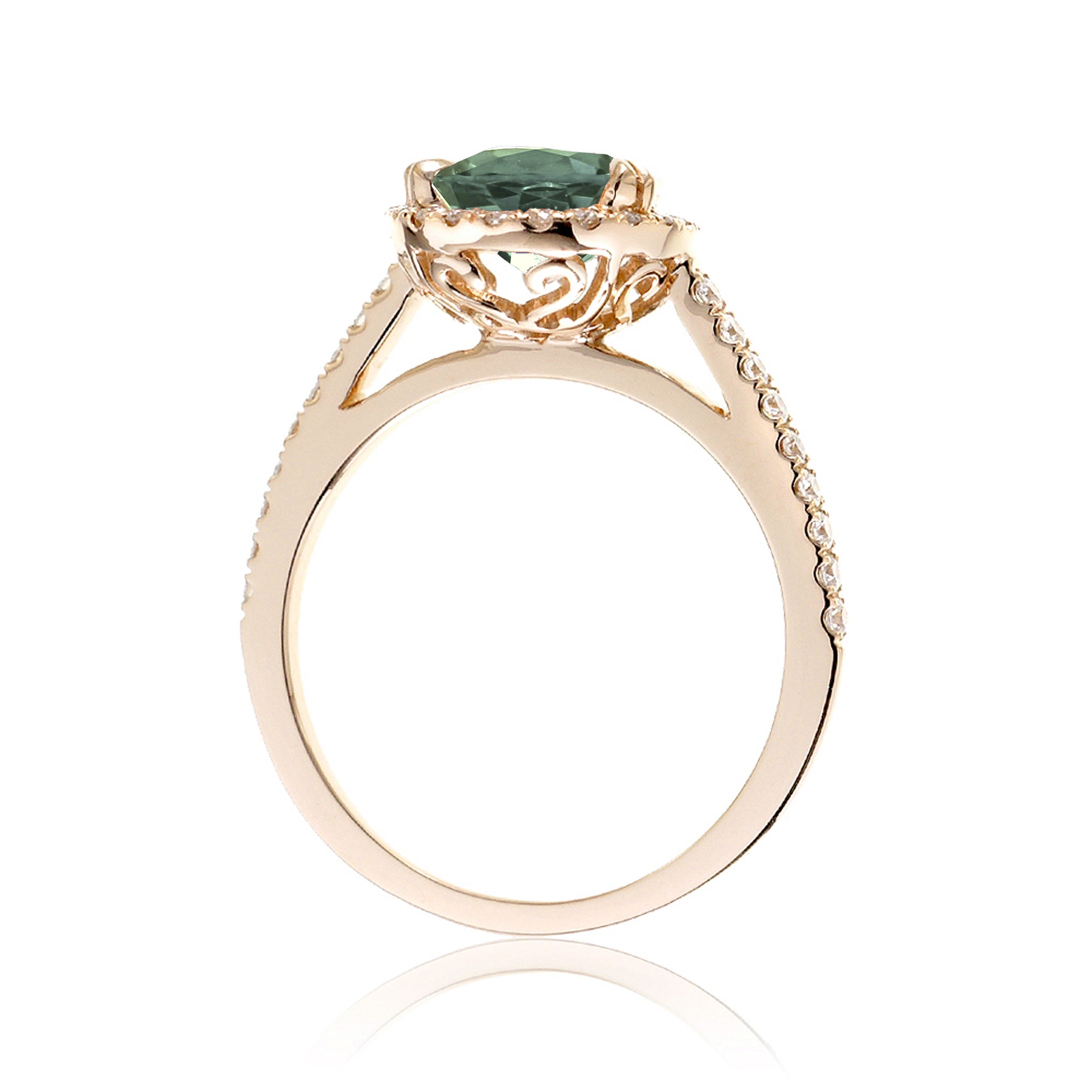 Round cut green sapphire diamond engagement ring with halo