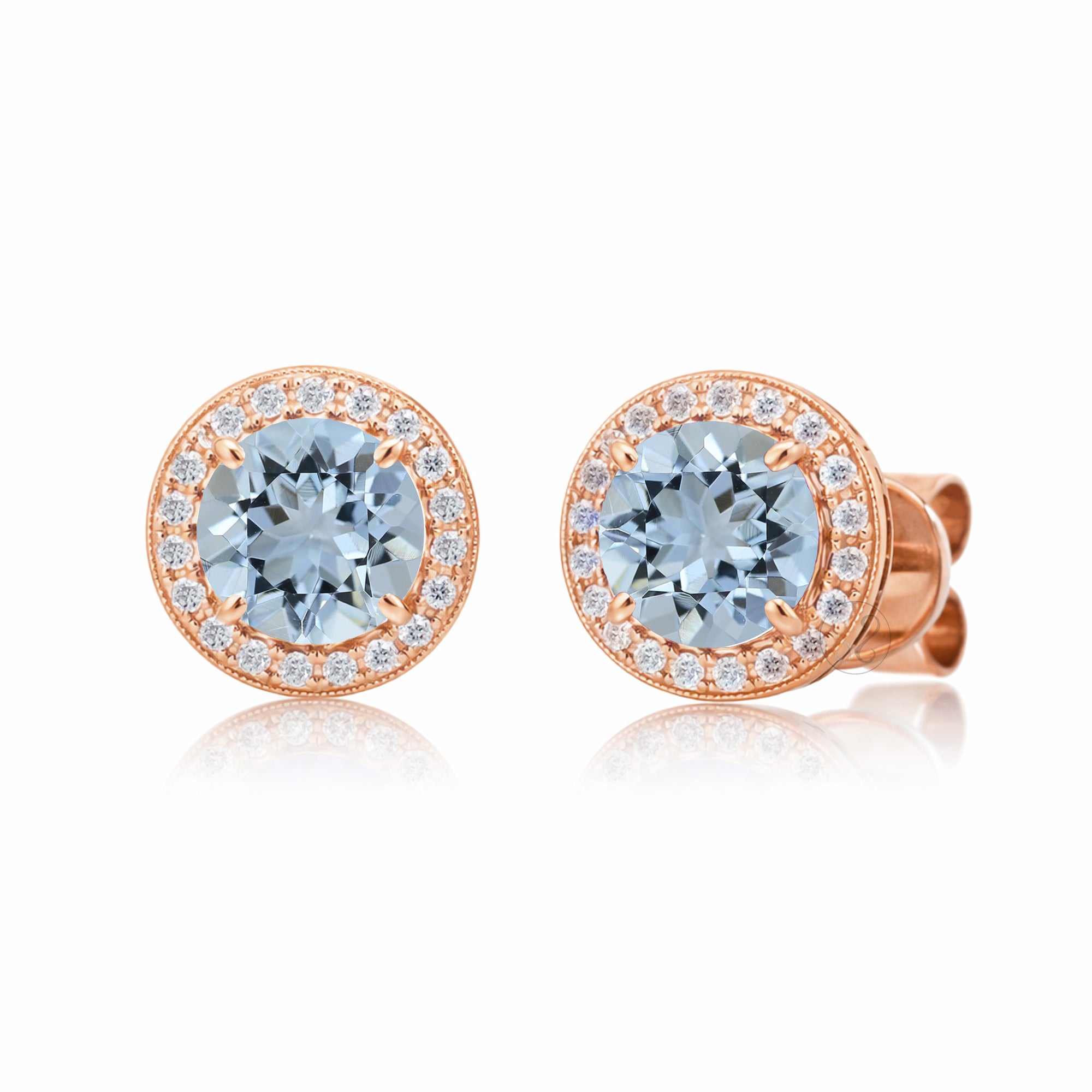 Aquamarine stud earrings with pave diamond halo with push backs in rose gold
