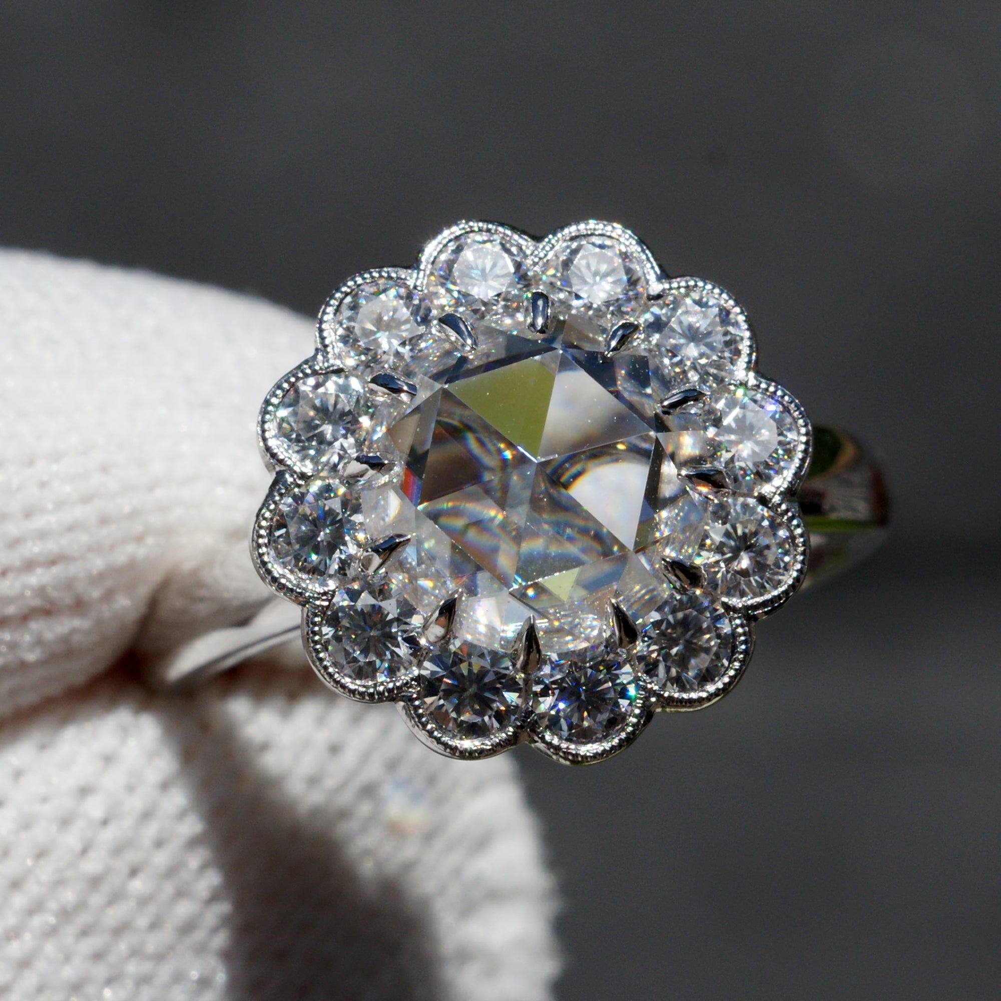Rose cut moissanite  set in a floral diamond halo ring - the Catherine
