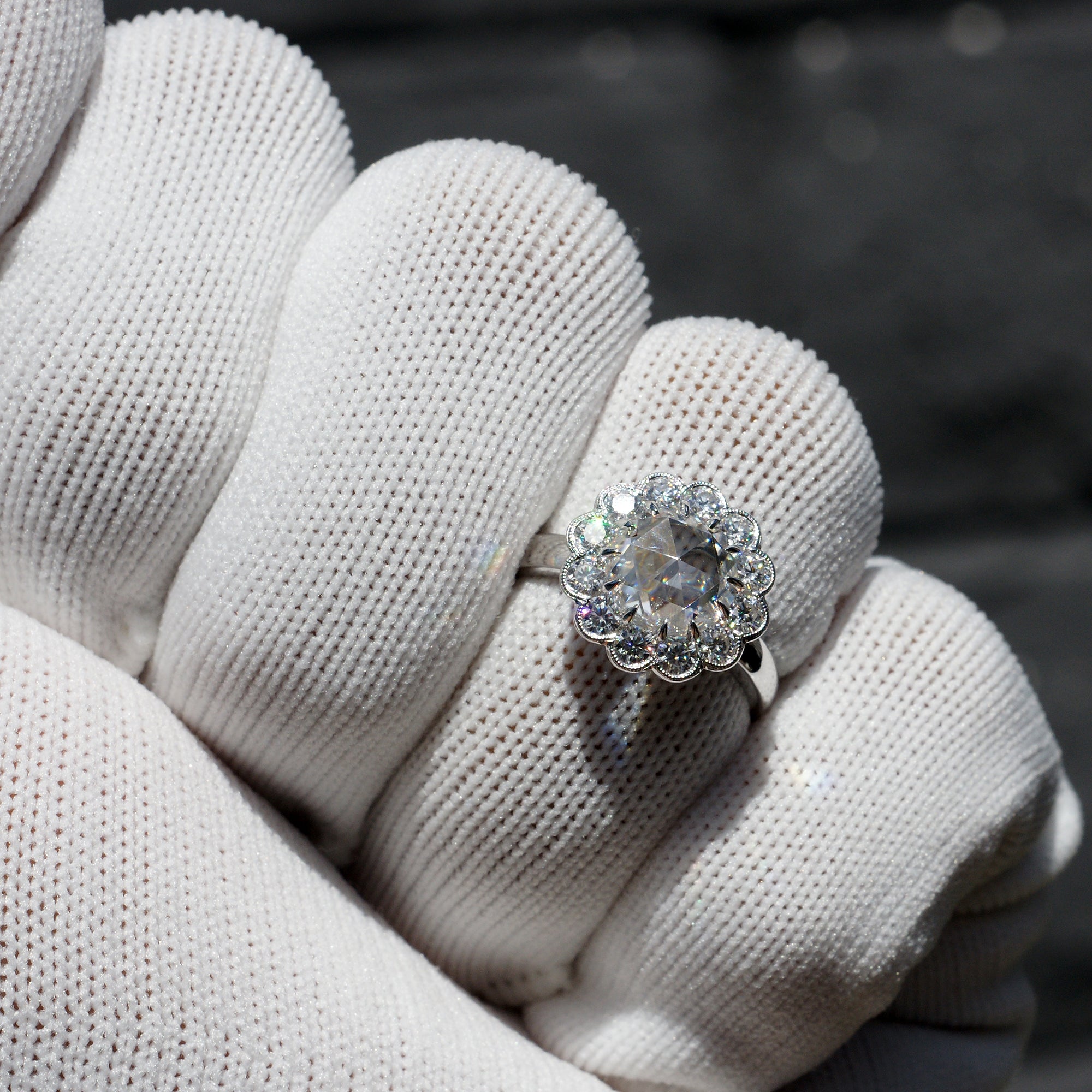 Rose cut moissanite  set in a floral diamond halo ring - the Catherine
