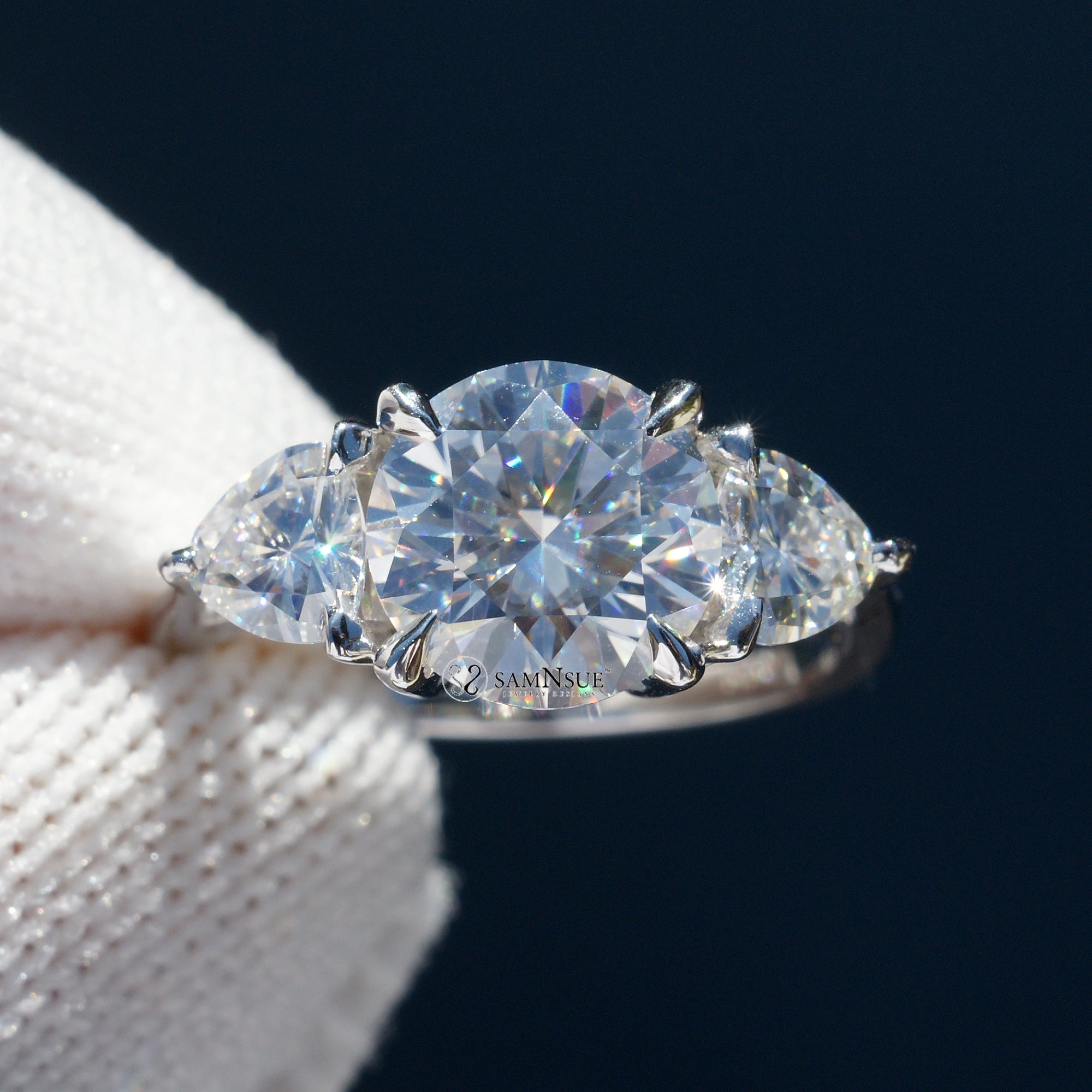 Trillion Round Moissanite Ring 14k White Gold Three Stone (8mm)