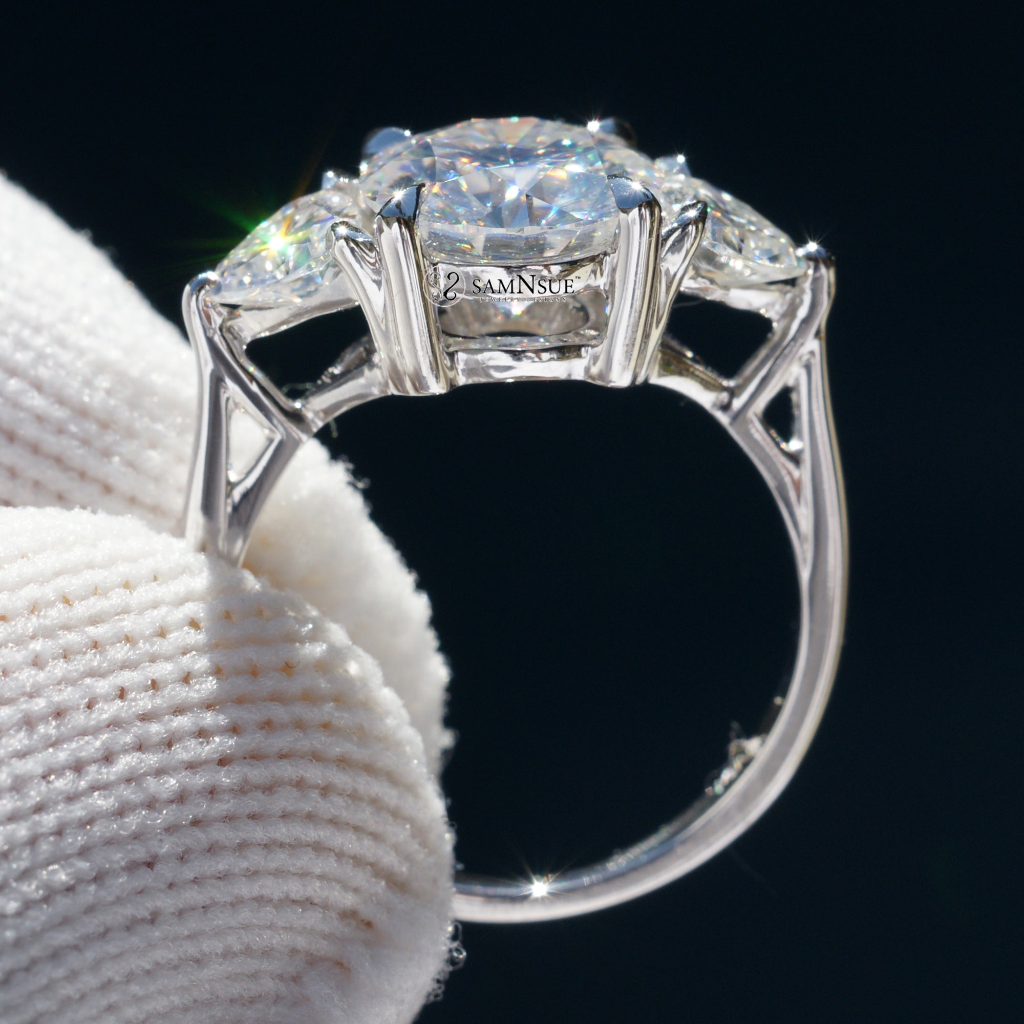 Trillion Round Moissanite Ring 14k White Gold Three Stone (8mm)