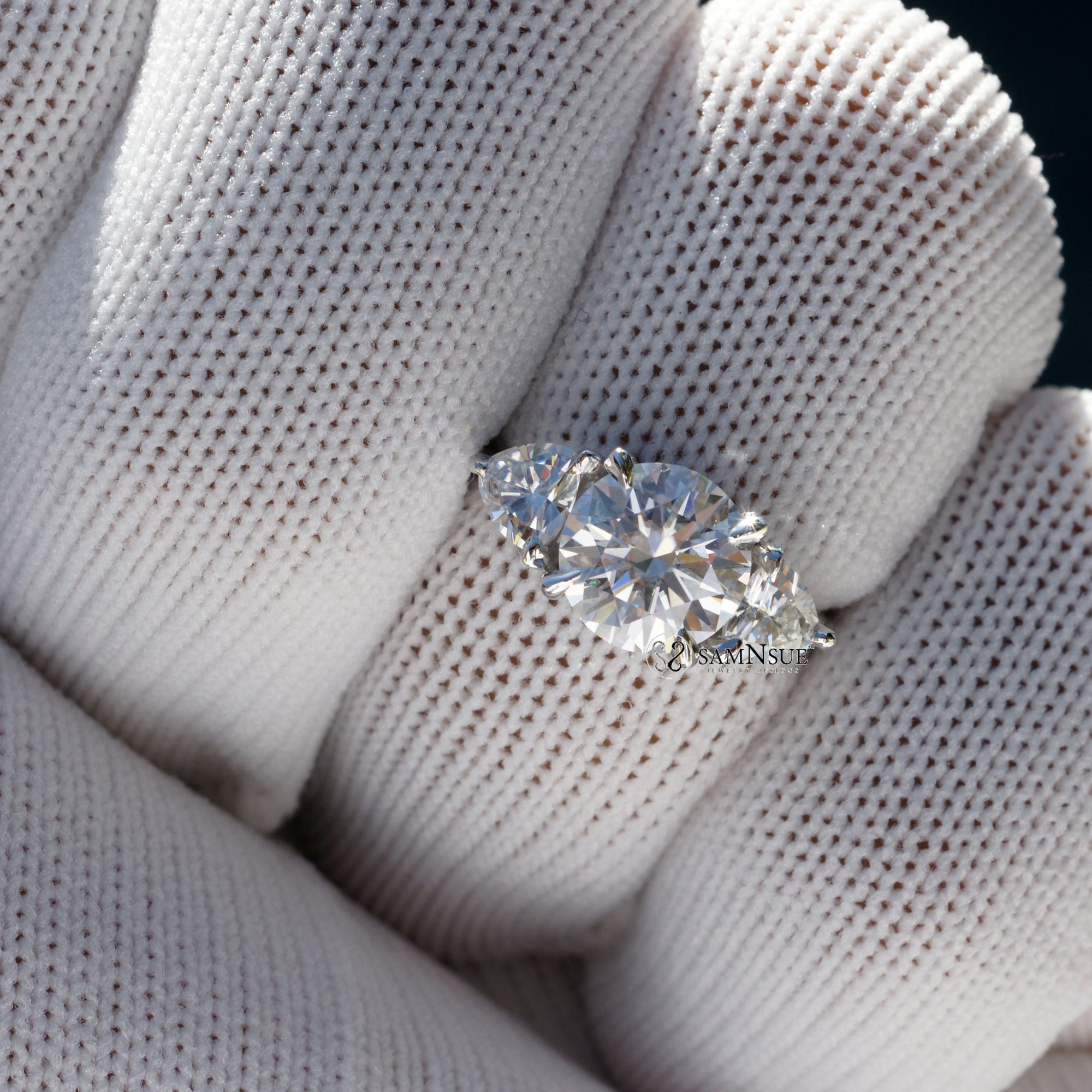 Trillion Round Moissanite Ring 14k White Gold Three Stone (8mm)