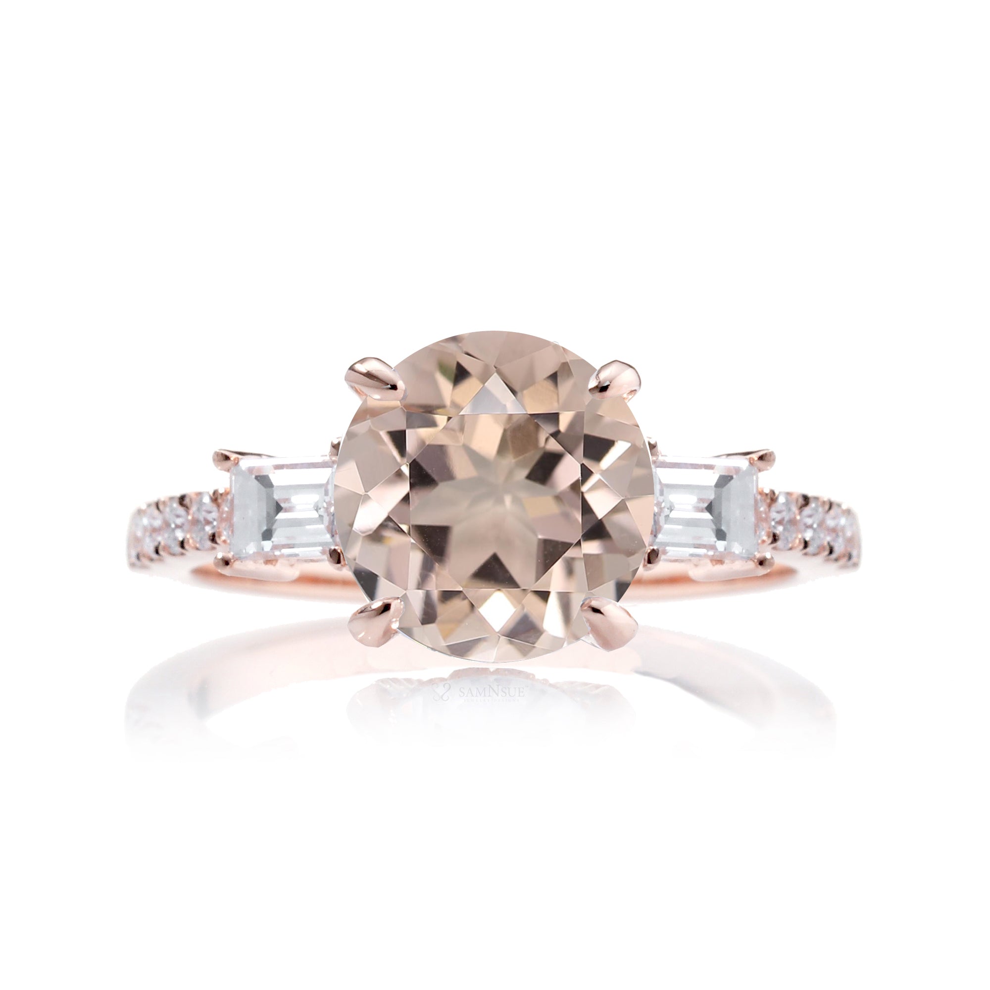 Morganite three stone baguette diamond engagement ring rose gold
