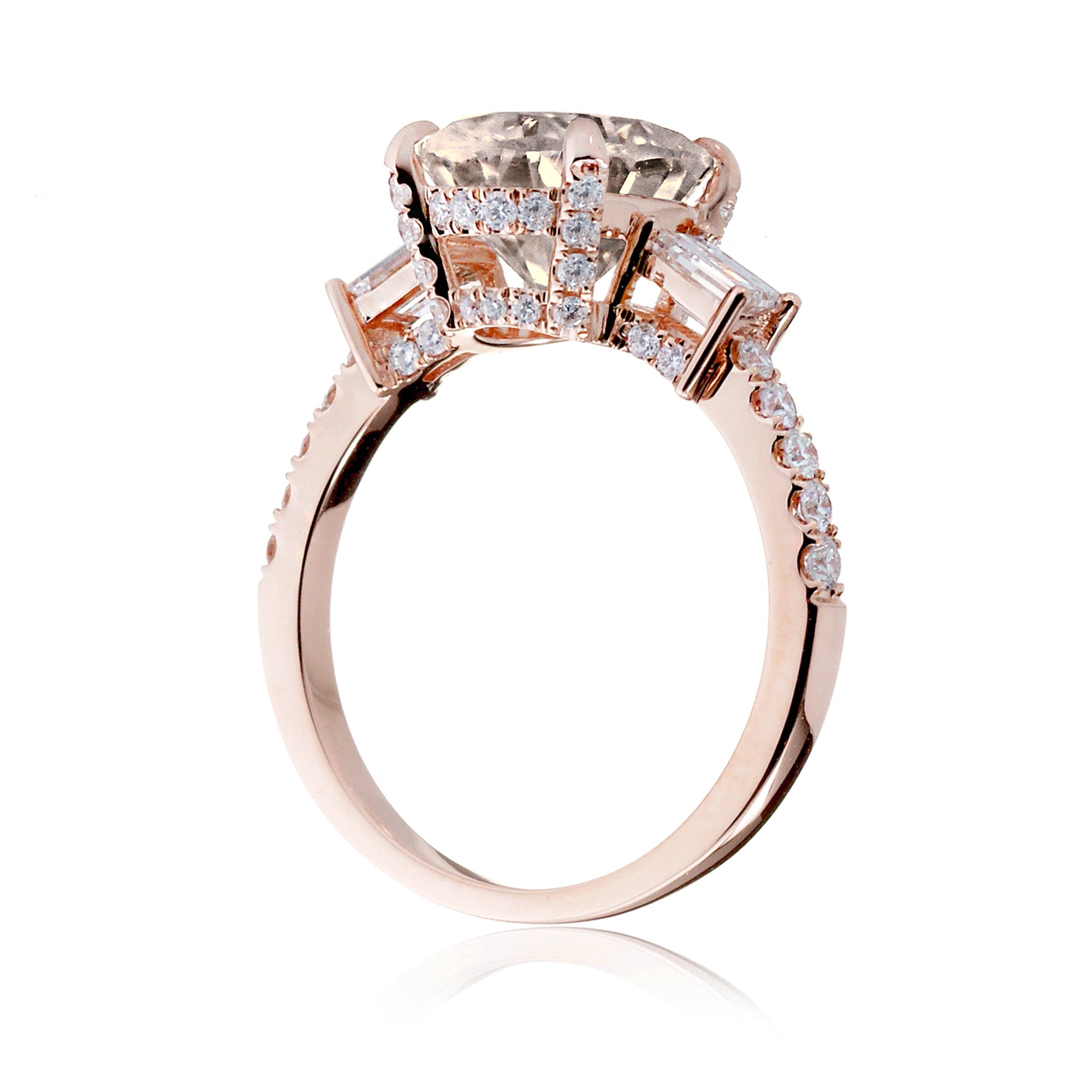 Morganite three stone baguette diamond engagement ring rose gold