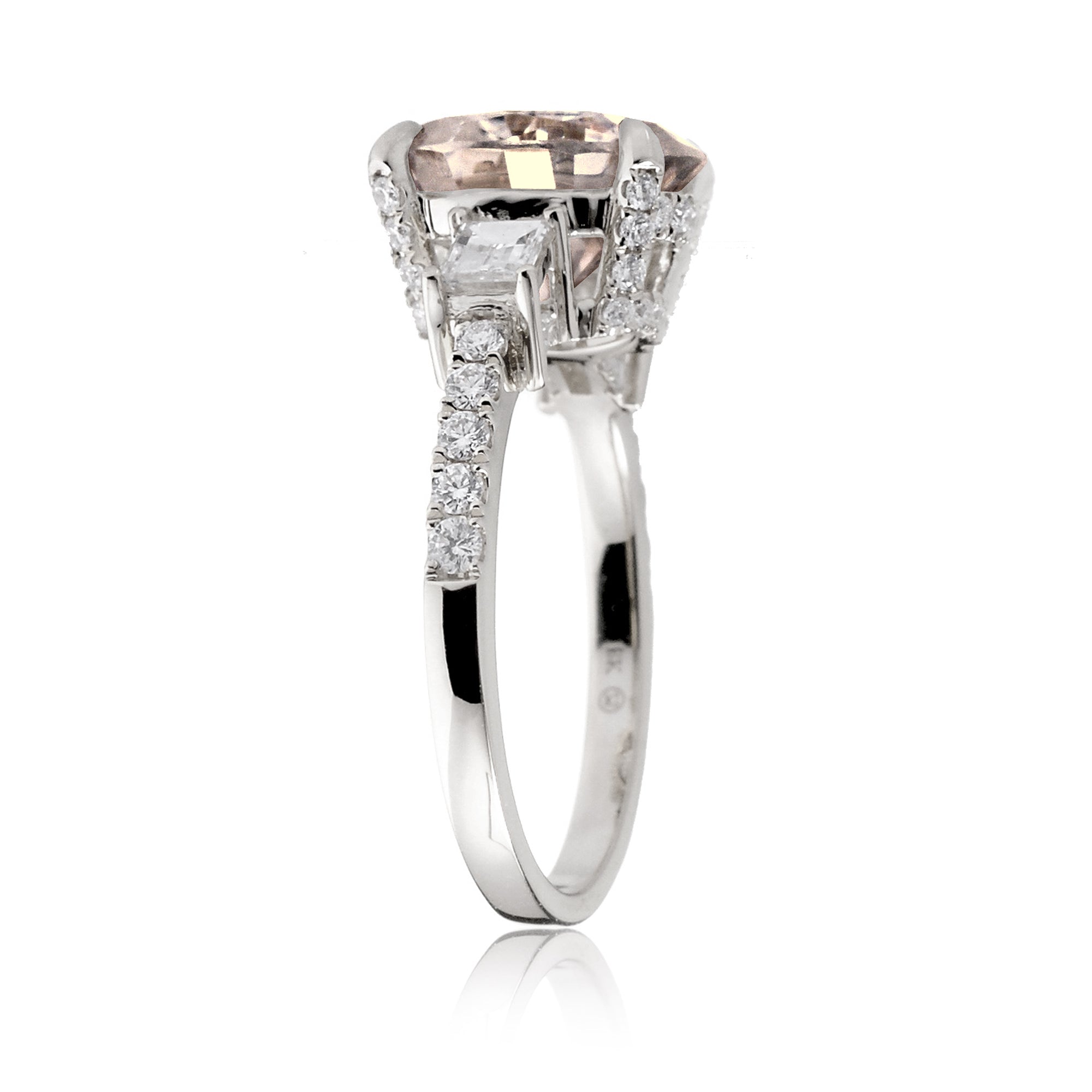 Morganite three stone baguette diamond engagement ring white gold