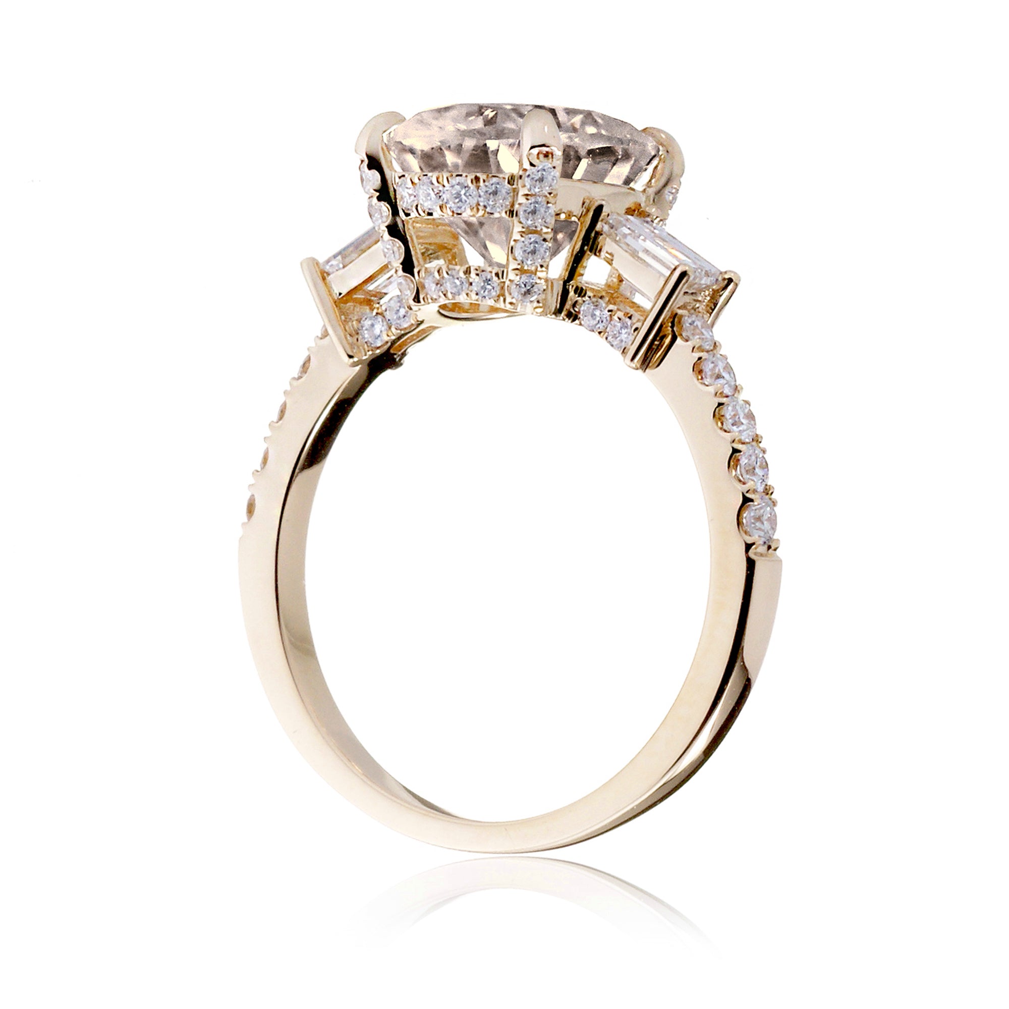 Morganite three stone baguette diamond engagement ring yellow gold