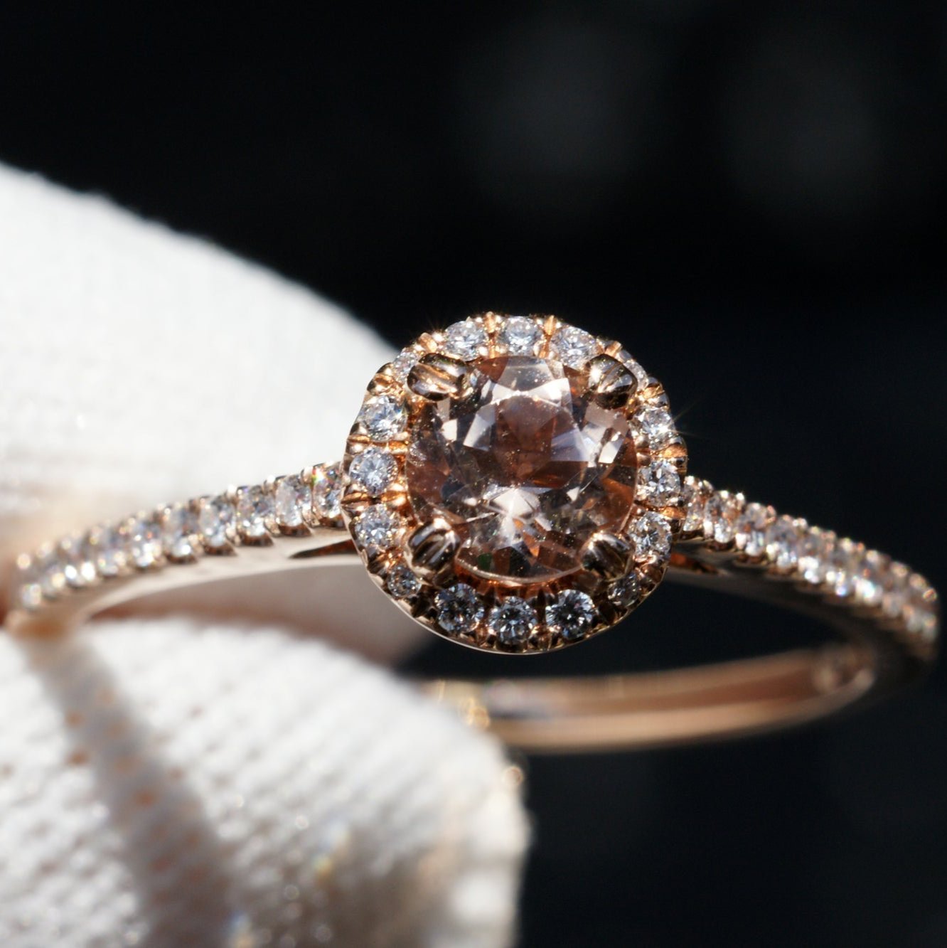 Round morganite 5mm diamond halo engagement ring in rose gold