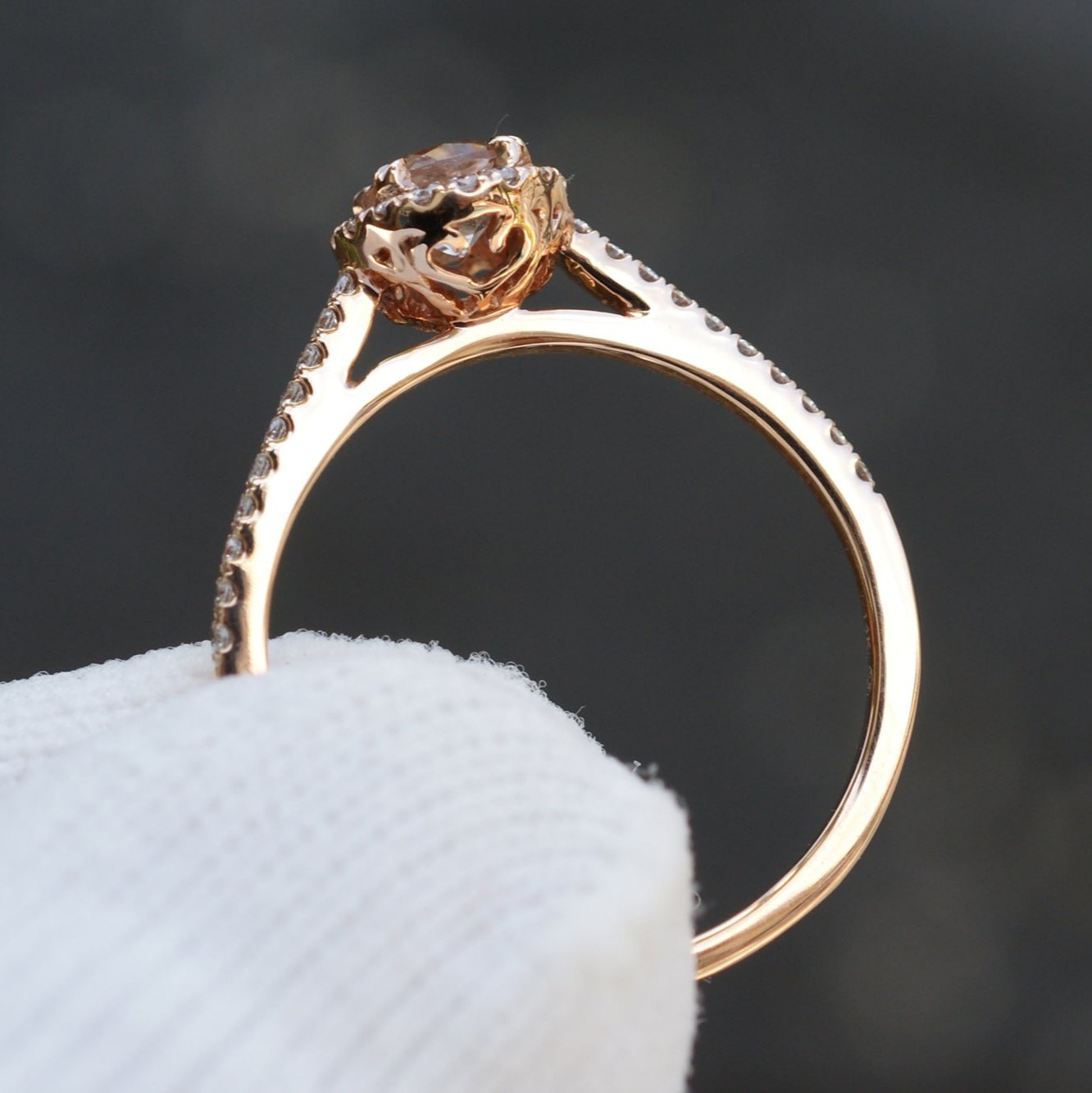 Round morganite 5mm diamond halo engagement ring in rose gold