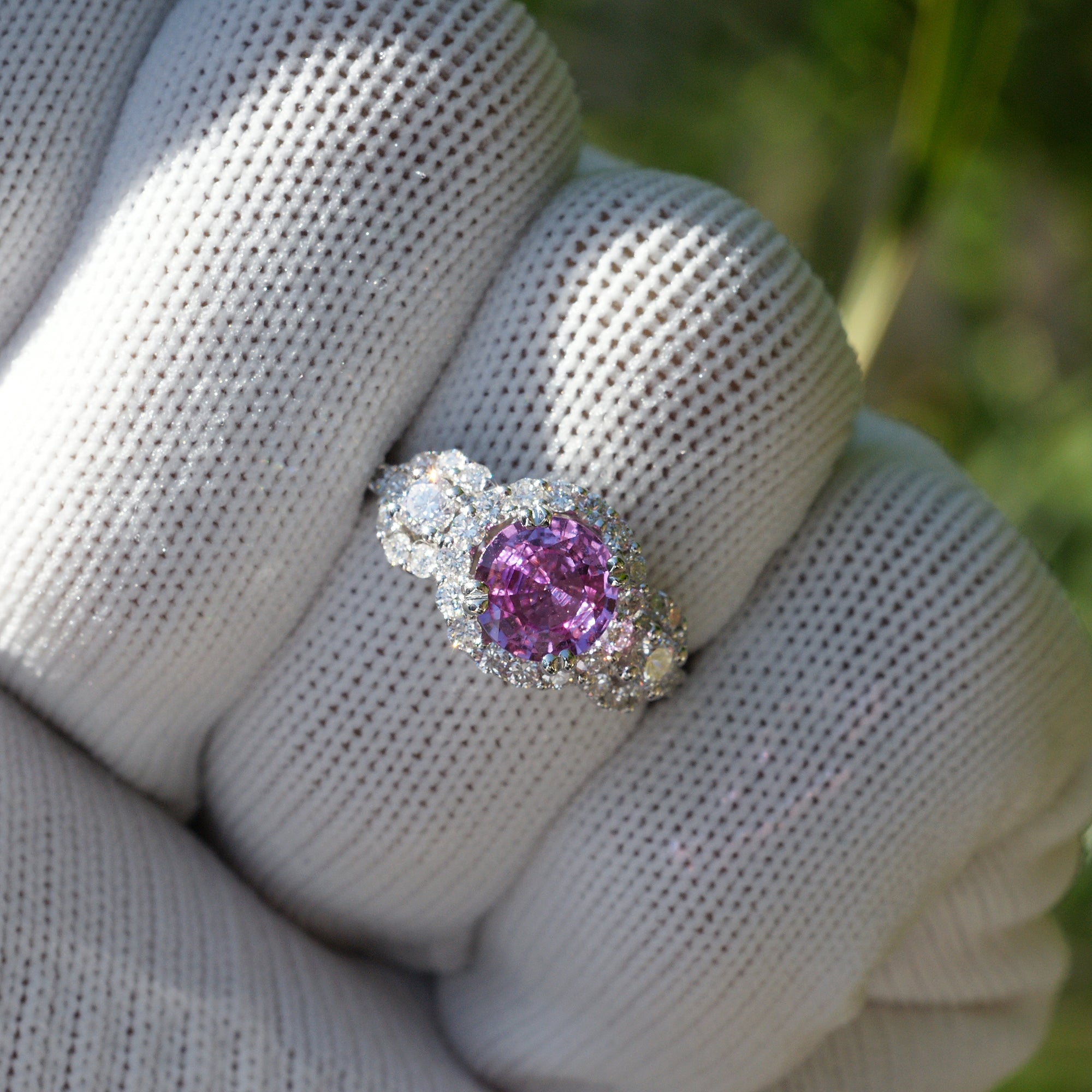 Pink sapphire three stone diamond halo engagement anniversary ring in white gold