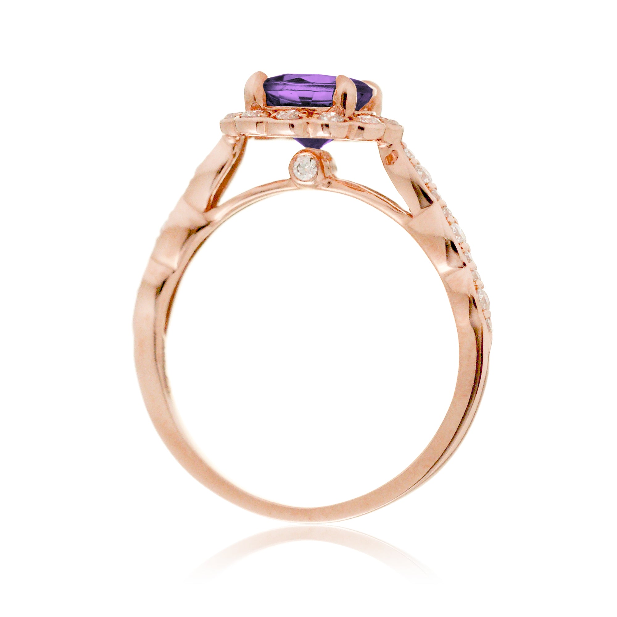 Lab-grown purple sapphire ring with round scallop halo and filigree rose gold band