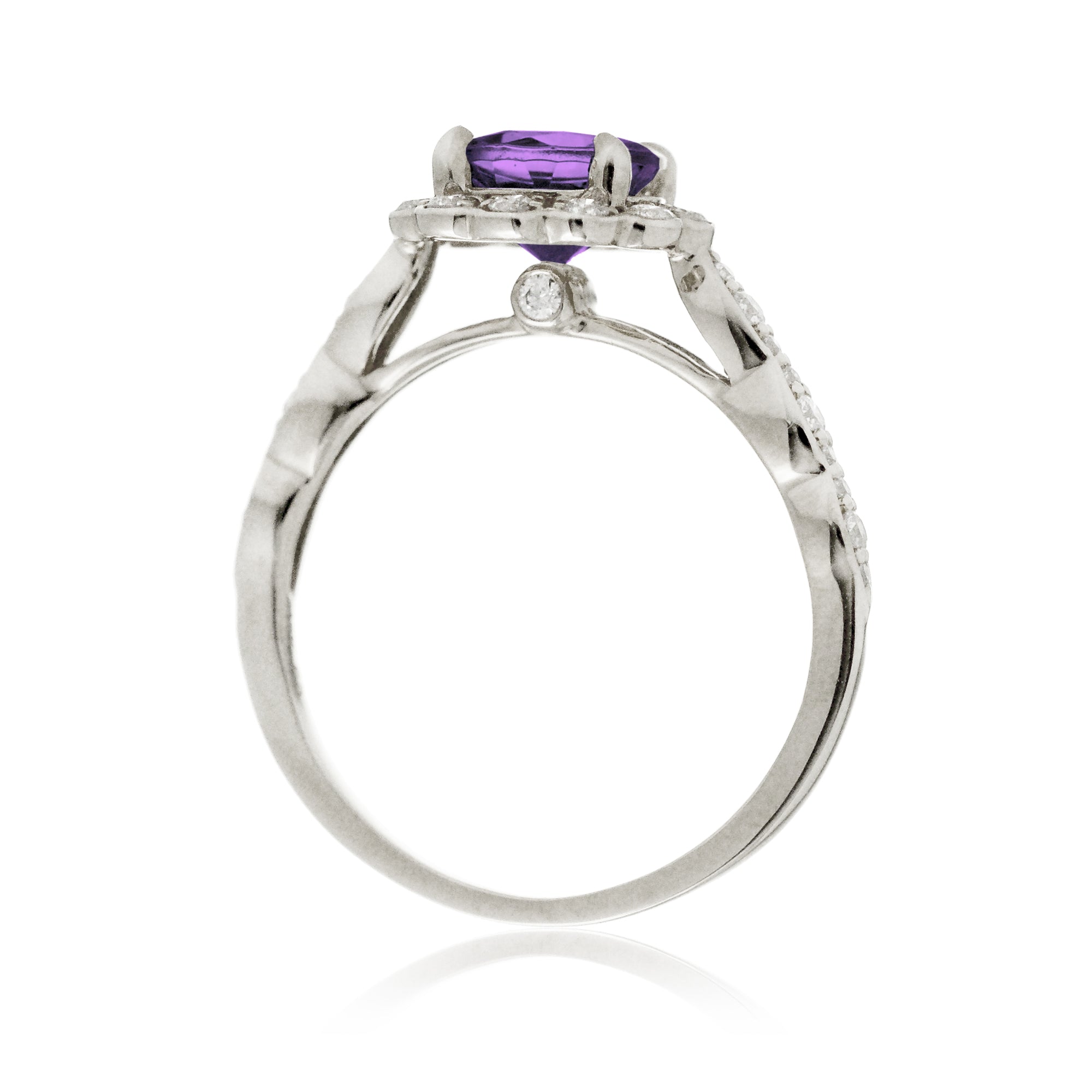 Lab-grown purple sapphire ring with round scallop halo and filigree white  gold band