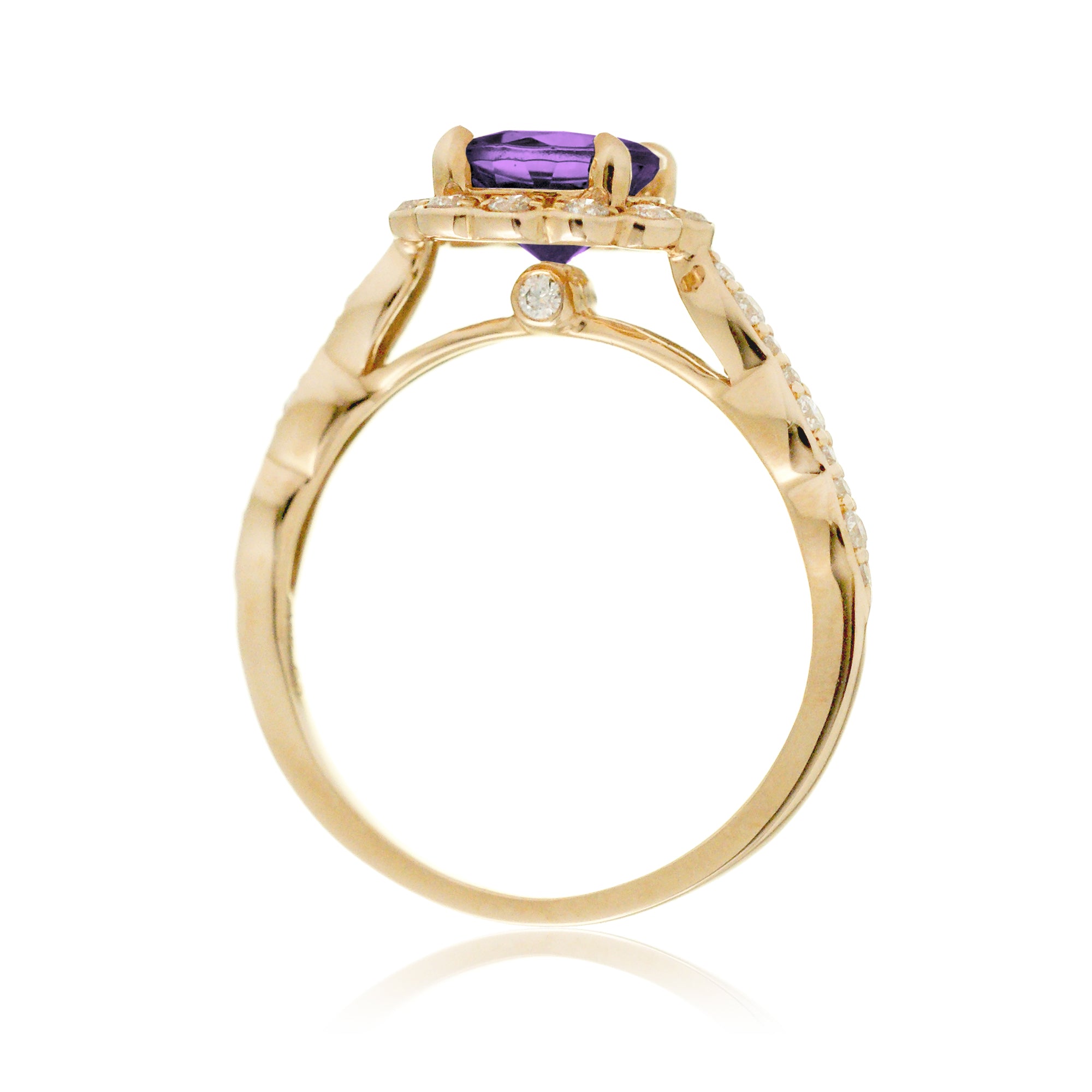 Lab-grown purple sapphire ring with round scallop halo and filigree yellow gold band