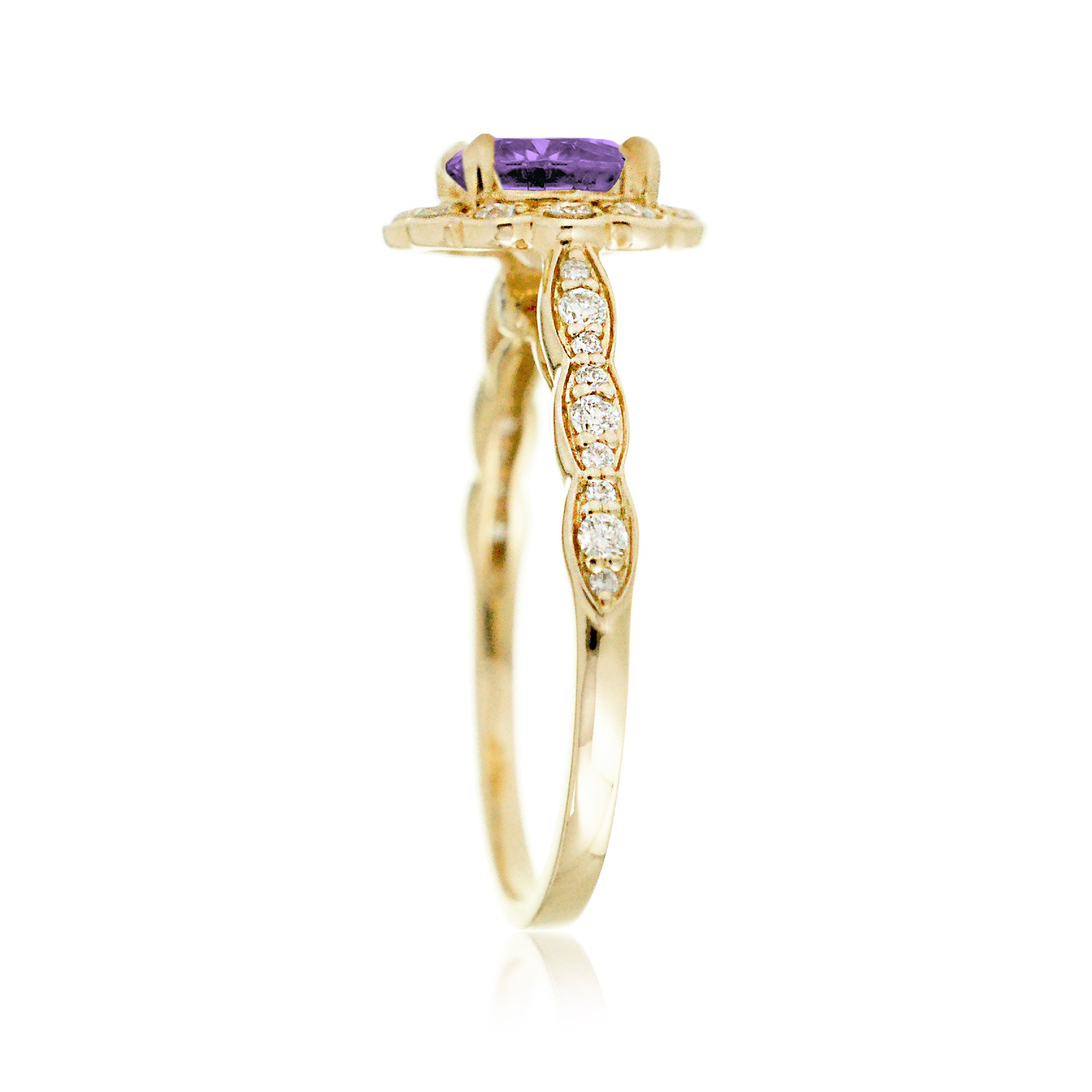 Lab-grown purple sapphire ring with round scallop halo and filigree yellow gold band