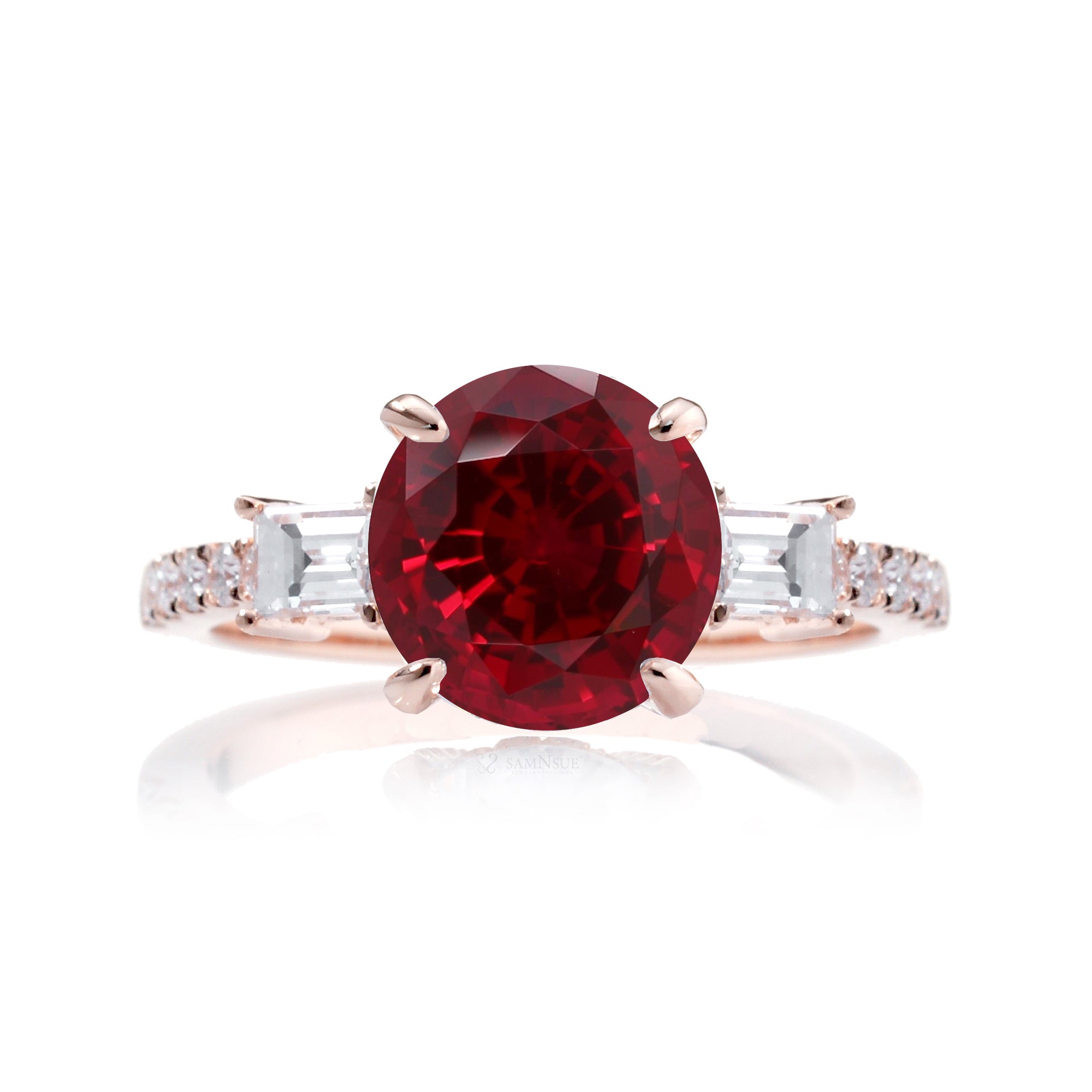 Round ruby engagement ring baguette three stone rose gold