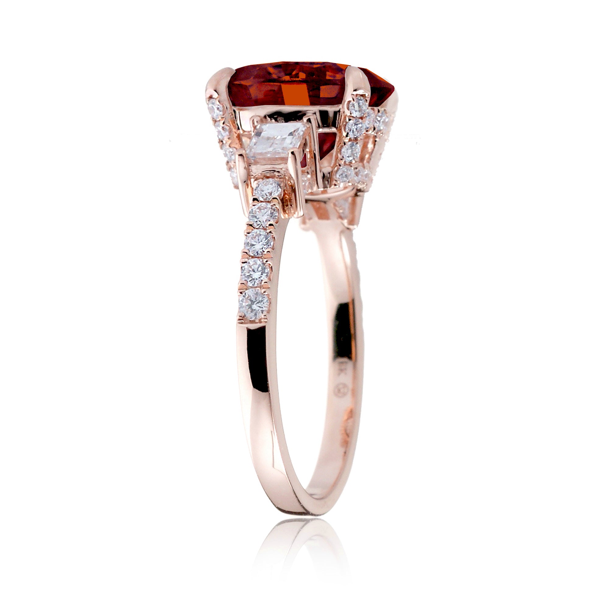 Round ruby engagement ring baguette three stone rose gold
