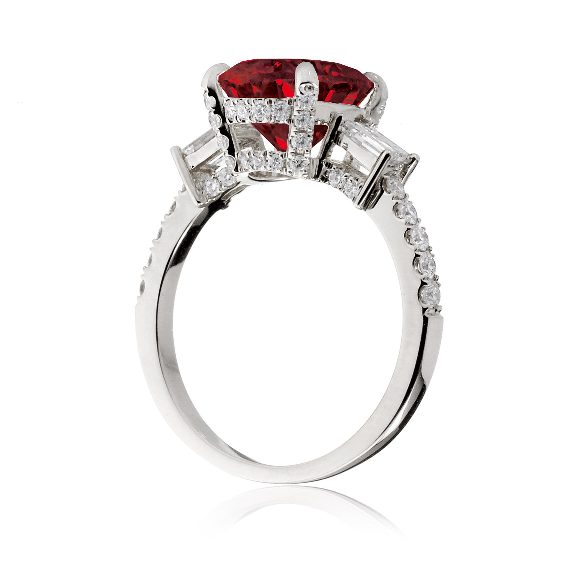 Round ruby engagement ring baguette three stone white gold