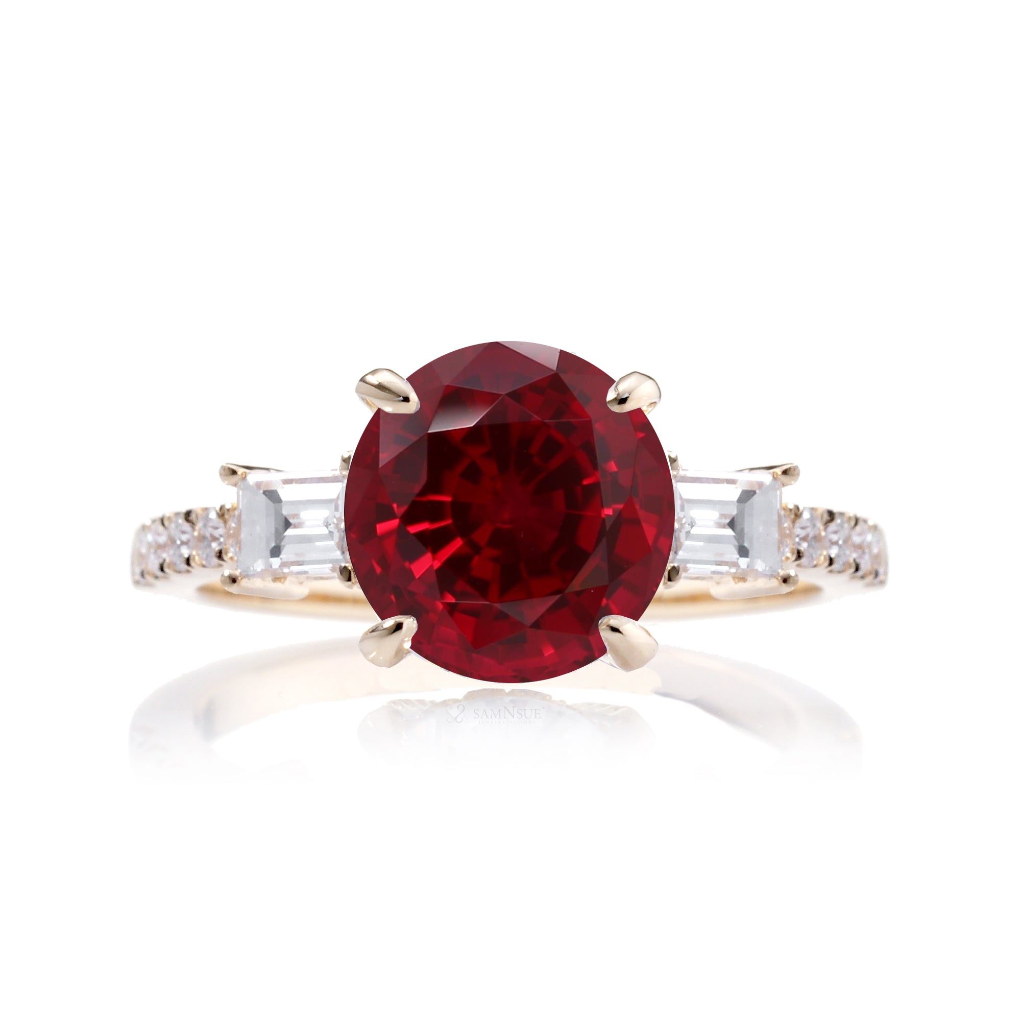 Round ruby engagement ring baguette three stone yellow gold