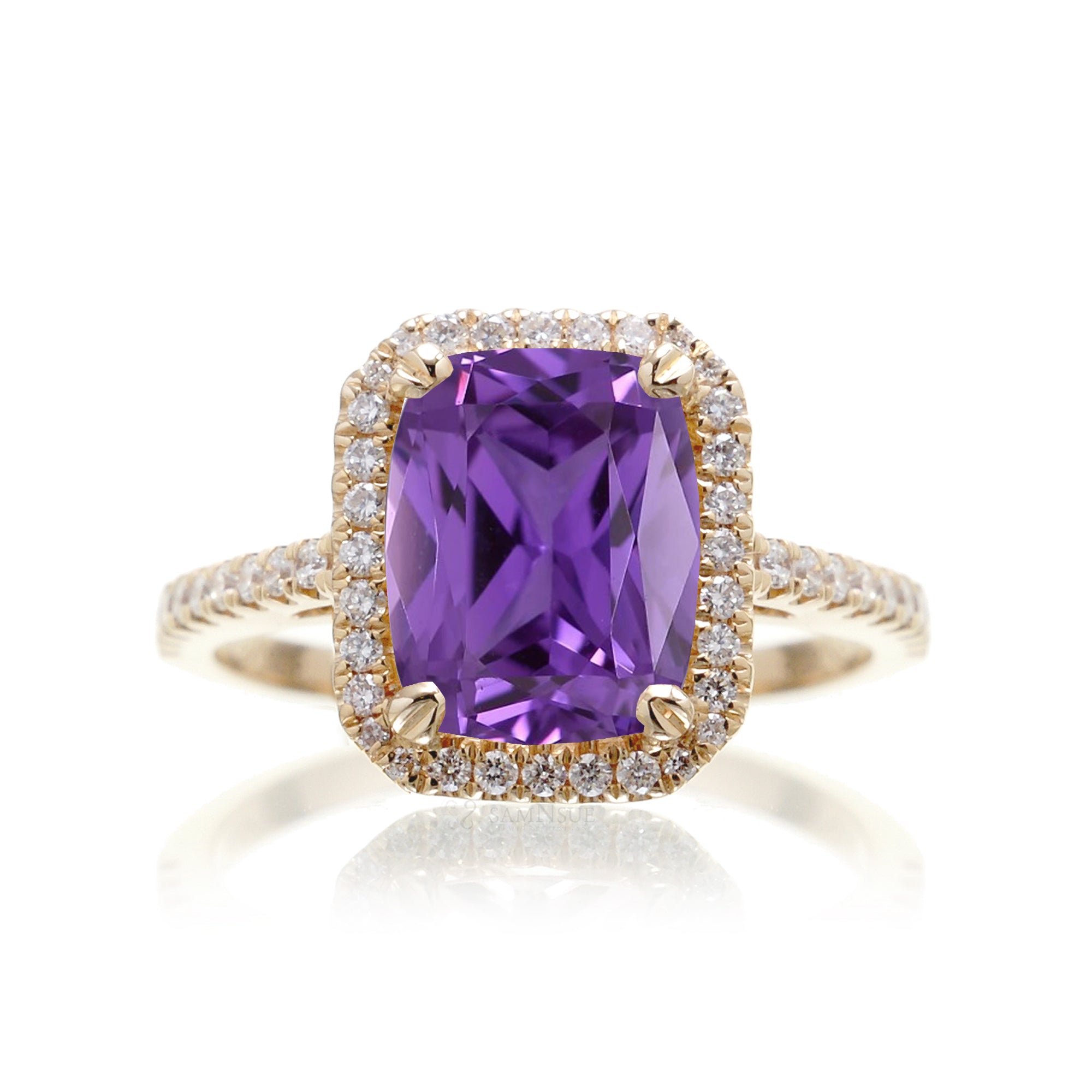 Cushion Cut purple sapphire amethyst diamond halo engagement ring the signature yellow gold
