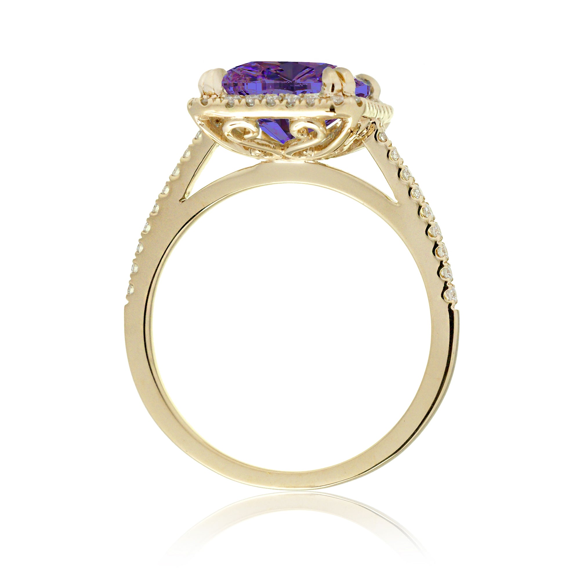 Cushion Cut purple sapphire amethyst diamond halo engagement ring the signature yellow gold side view