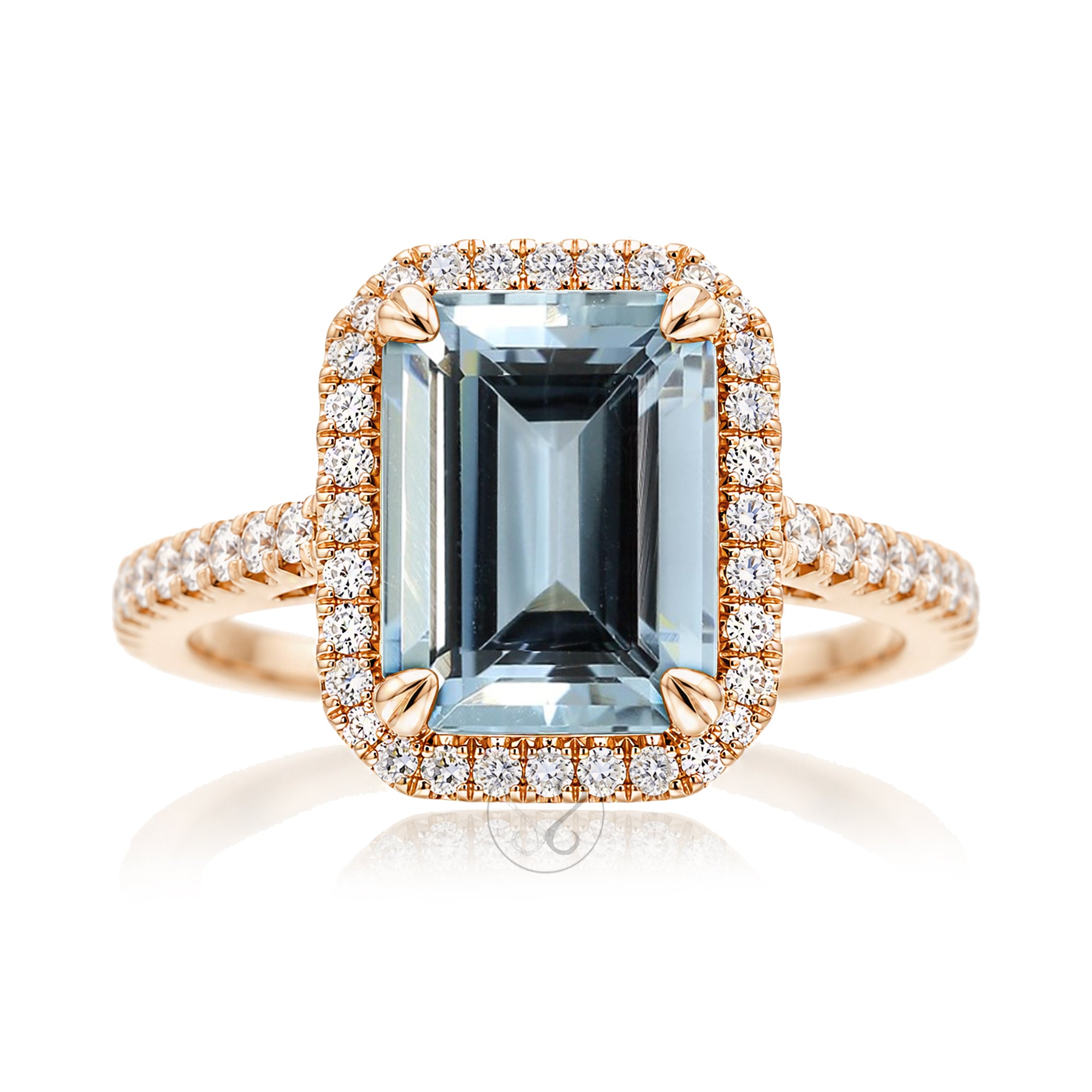 Emerald cut aquamarine diamond halo and square band cathedral setting rose gold