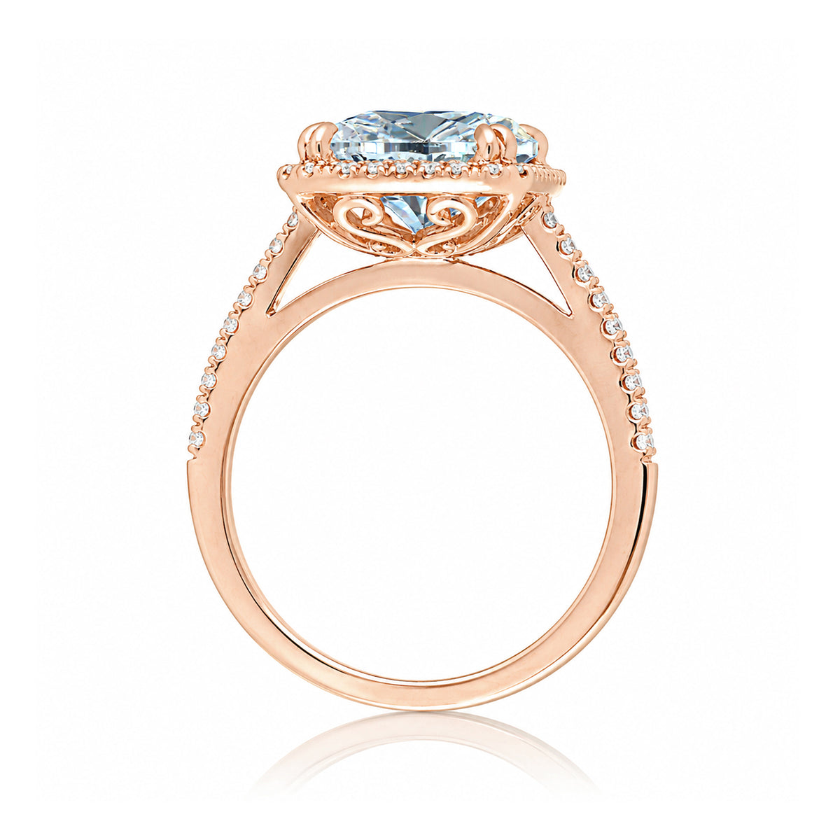 Emerald cut aquamarine diamond halo and square band cathedral setting rose gold