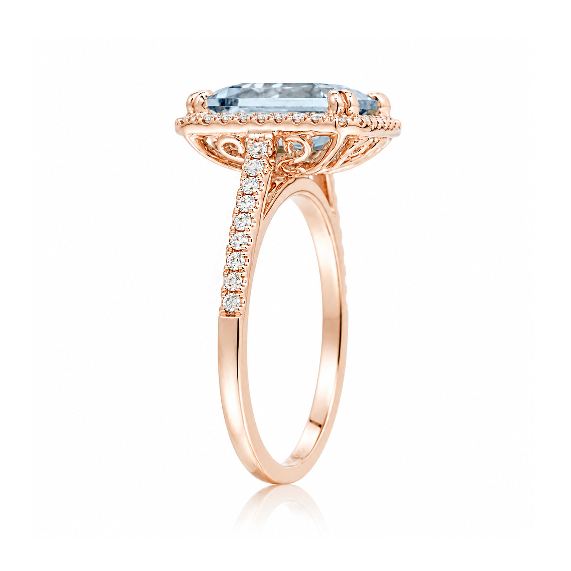 Emerald cut aquamarine diamond halo and square band cathedral setting rose gold