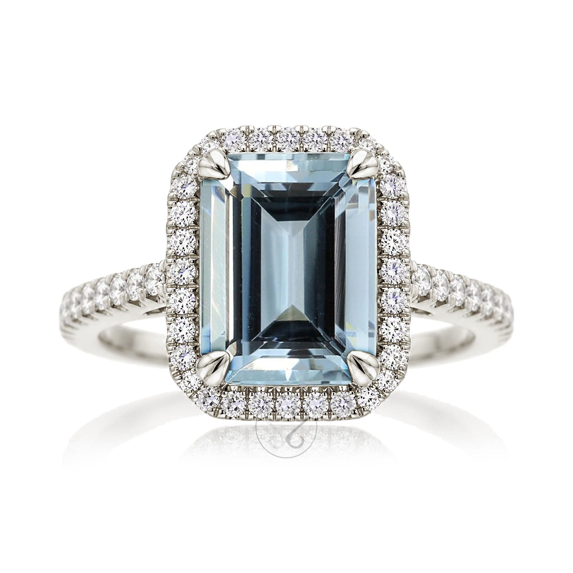 Emerald cut aquamarine diamond halo and square band cathedral setting white gold