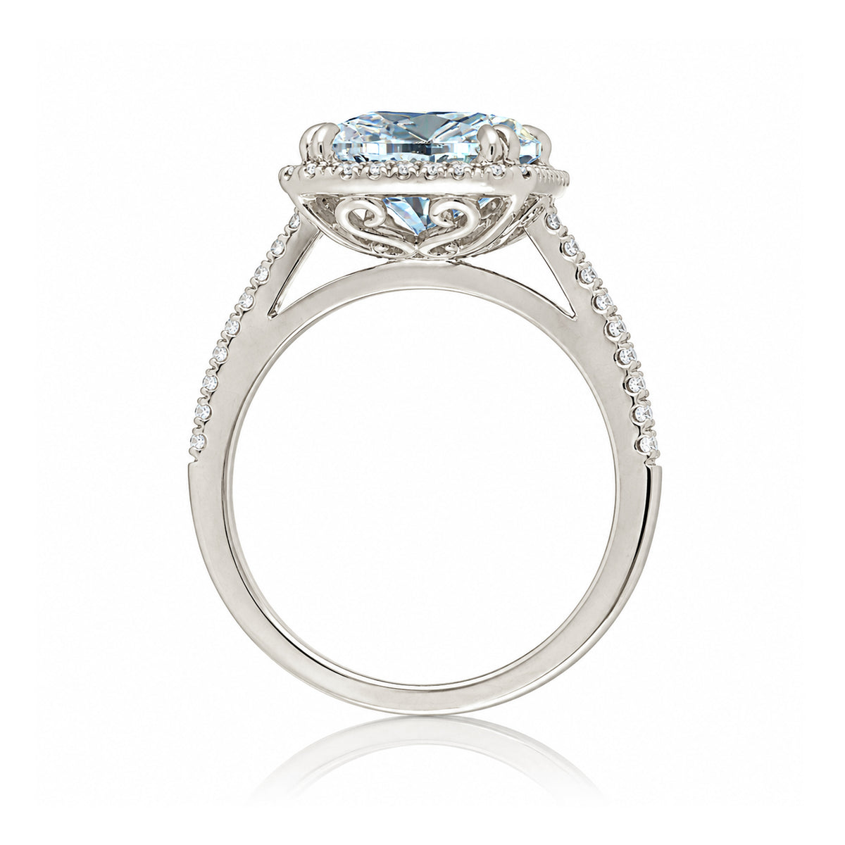 Emerald cut aquamarine diamond halo and square band cathedral setting white gold