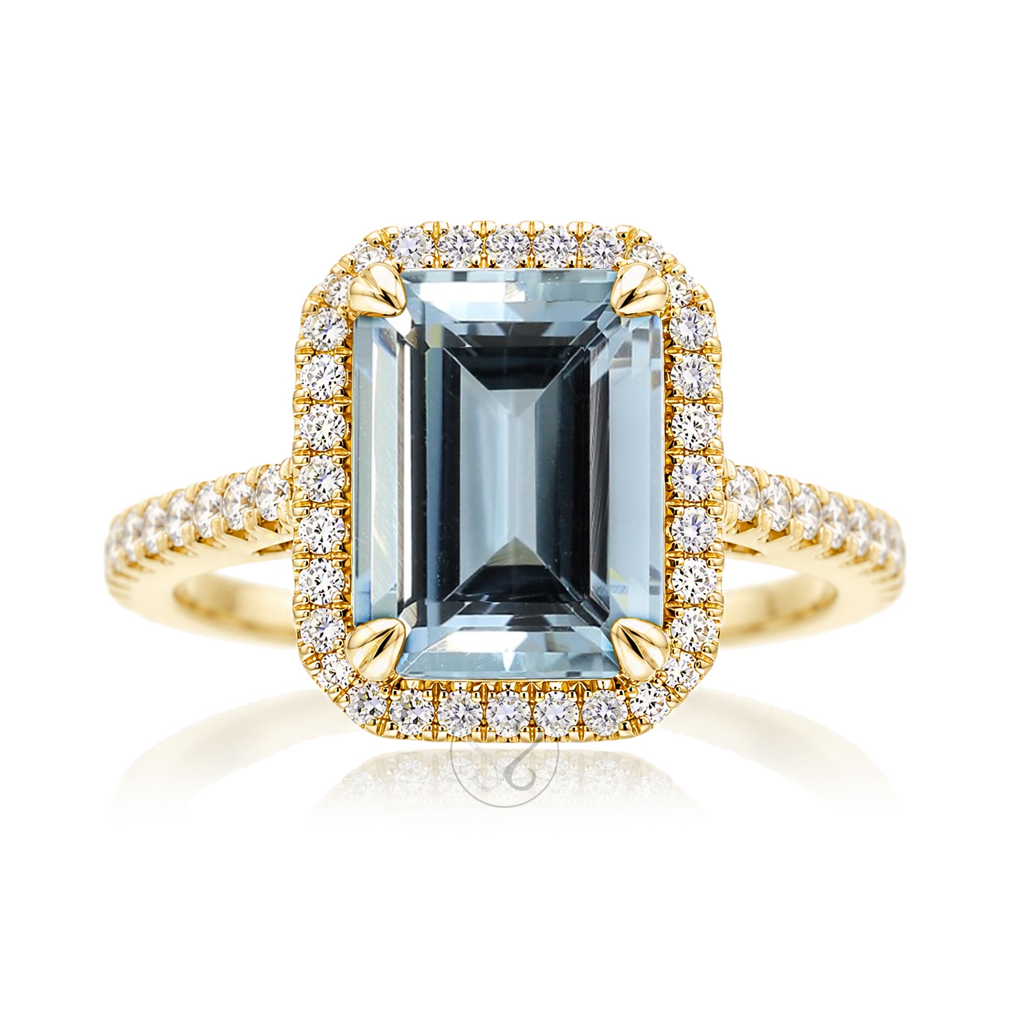 Emerald cut aquamarine diamond halo and square band cathedral setting yellow gold