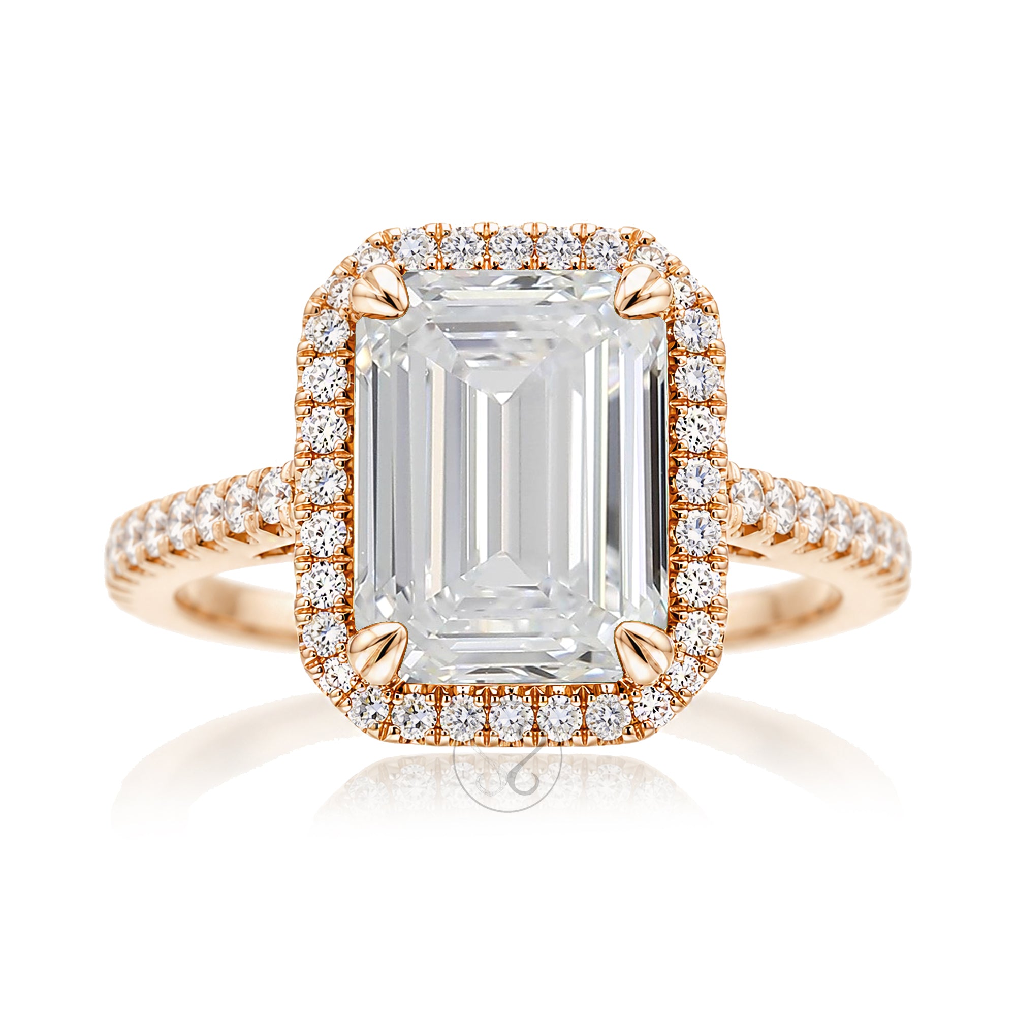 Emerald step cut diamond halo ring with a squarish band and cathedral setting rose gold