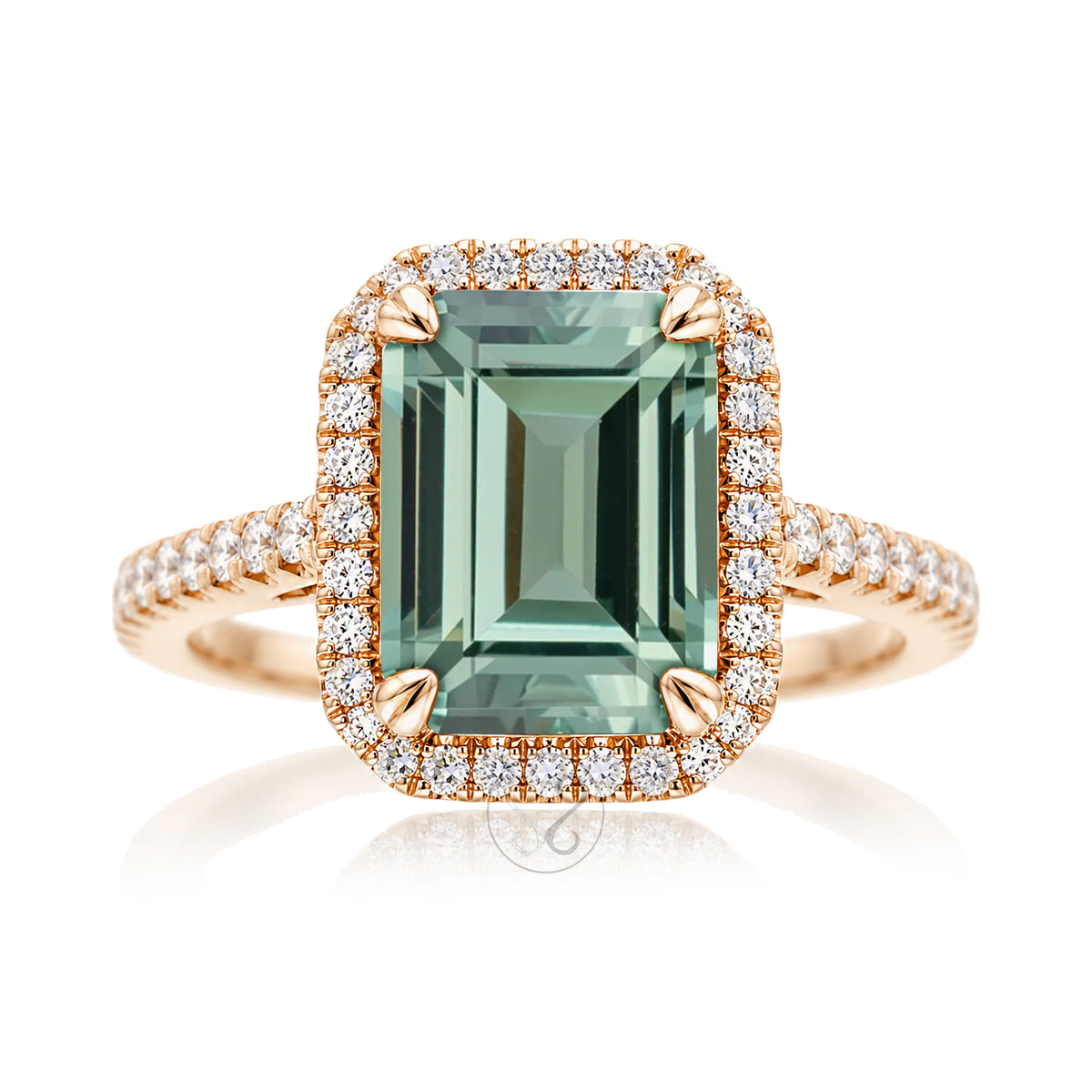 Emerald cut green sapphire diamond halo and square band cathedral setting rose gold