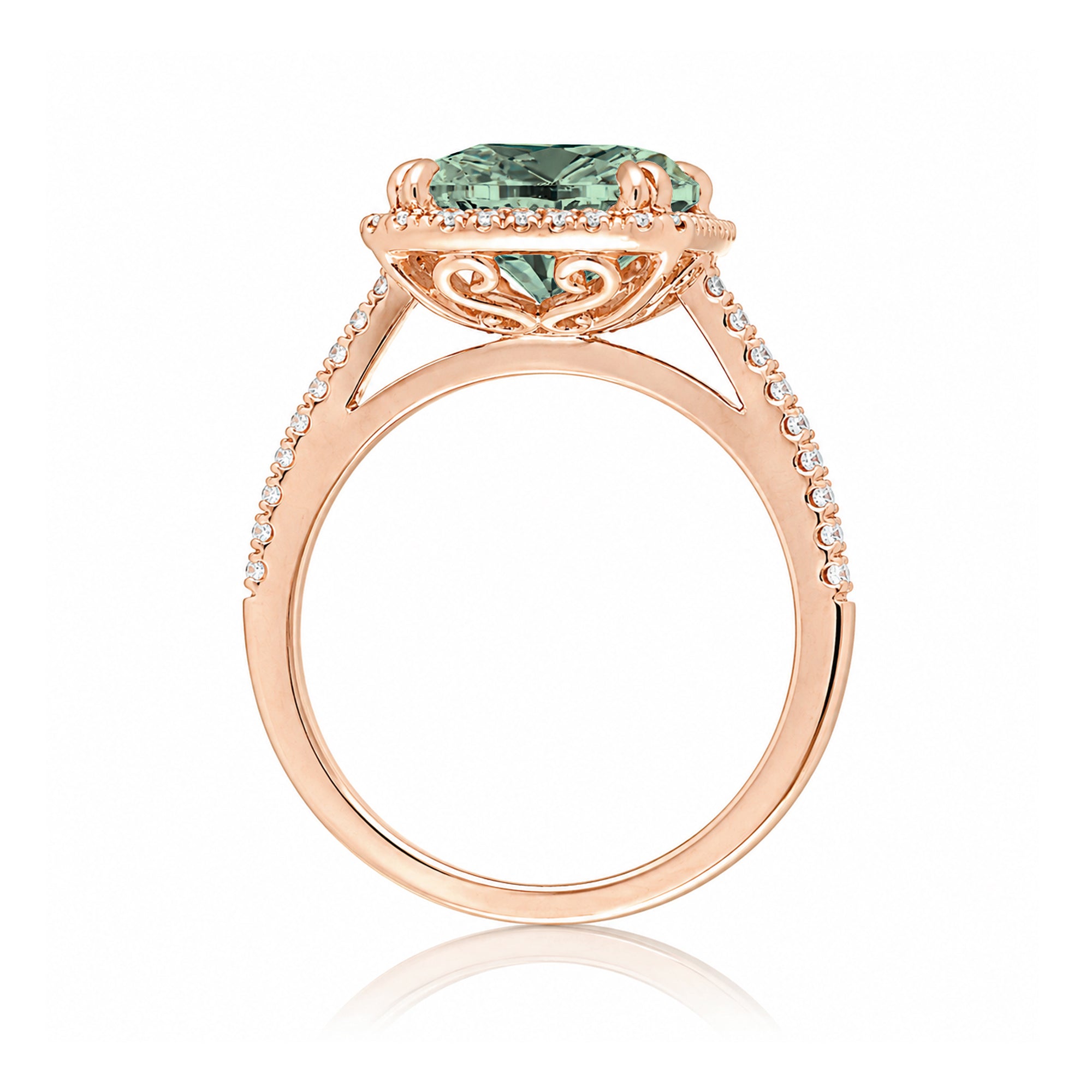 Emerald cut green sapphire diamond halo and square band cathedral setting rose gold