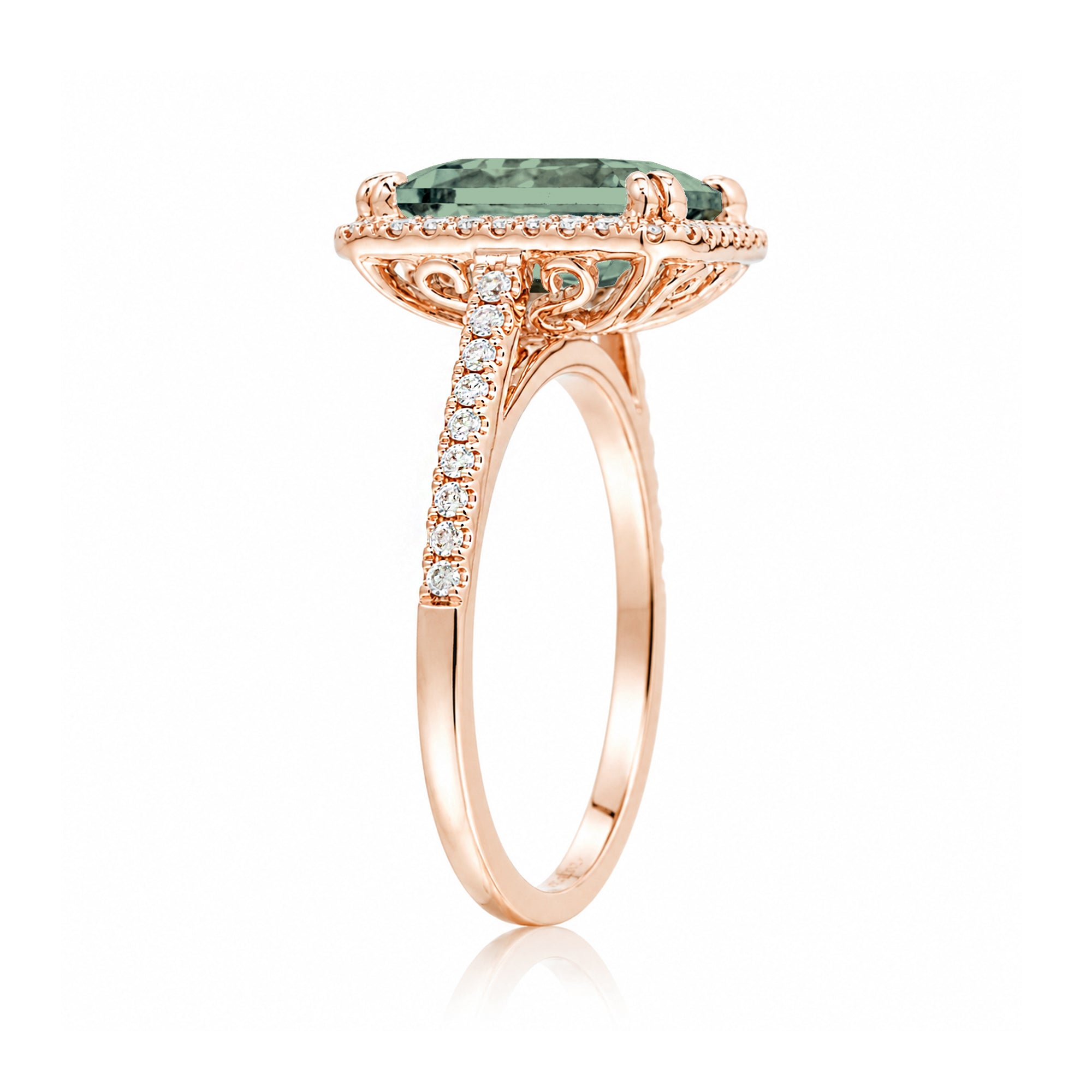 Emerald cut green sapphire diamond halo and square band cathedral setting rose gold