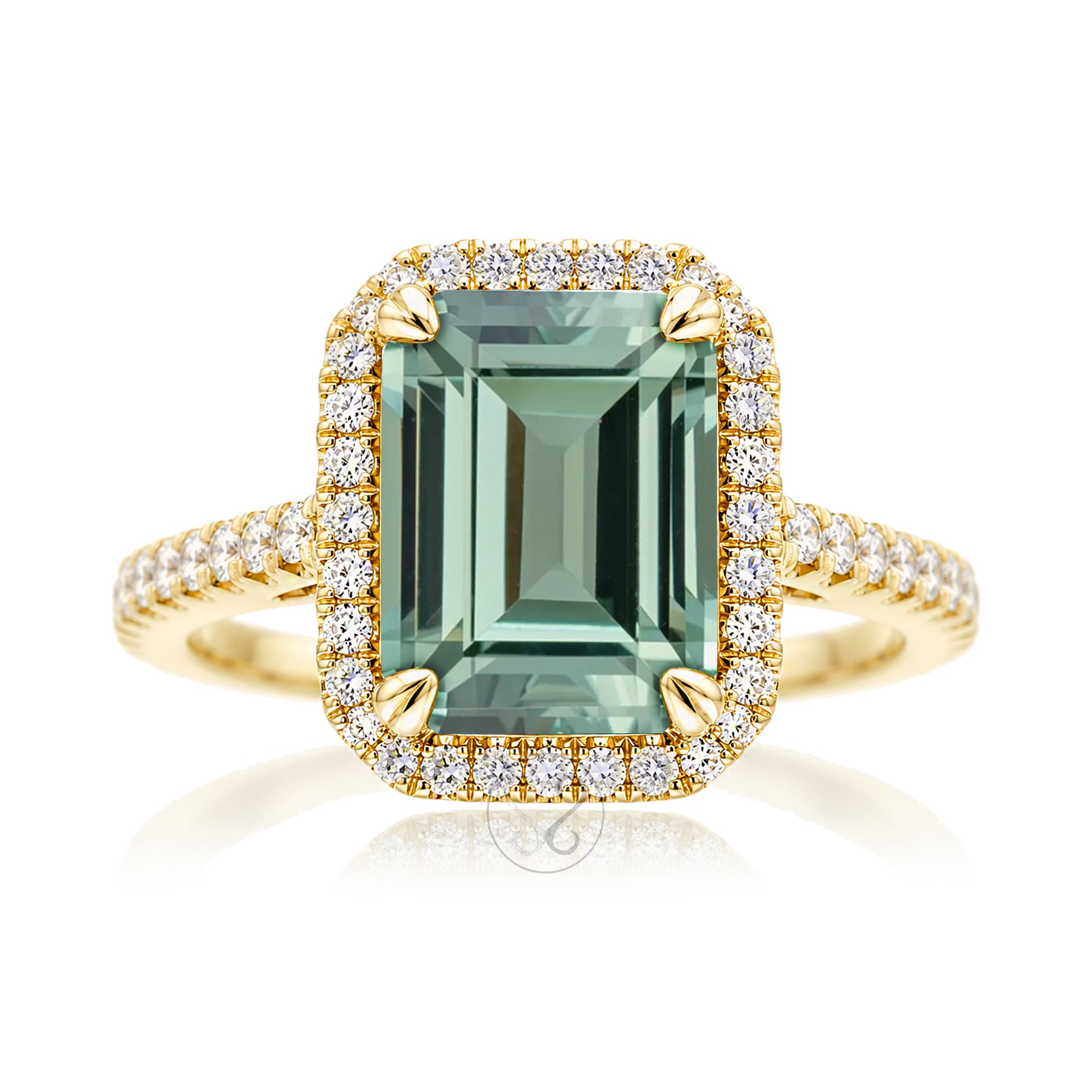 Emerald cut green sapphire diamond halo and square band cathedral setting yellow gold