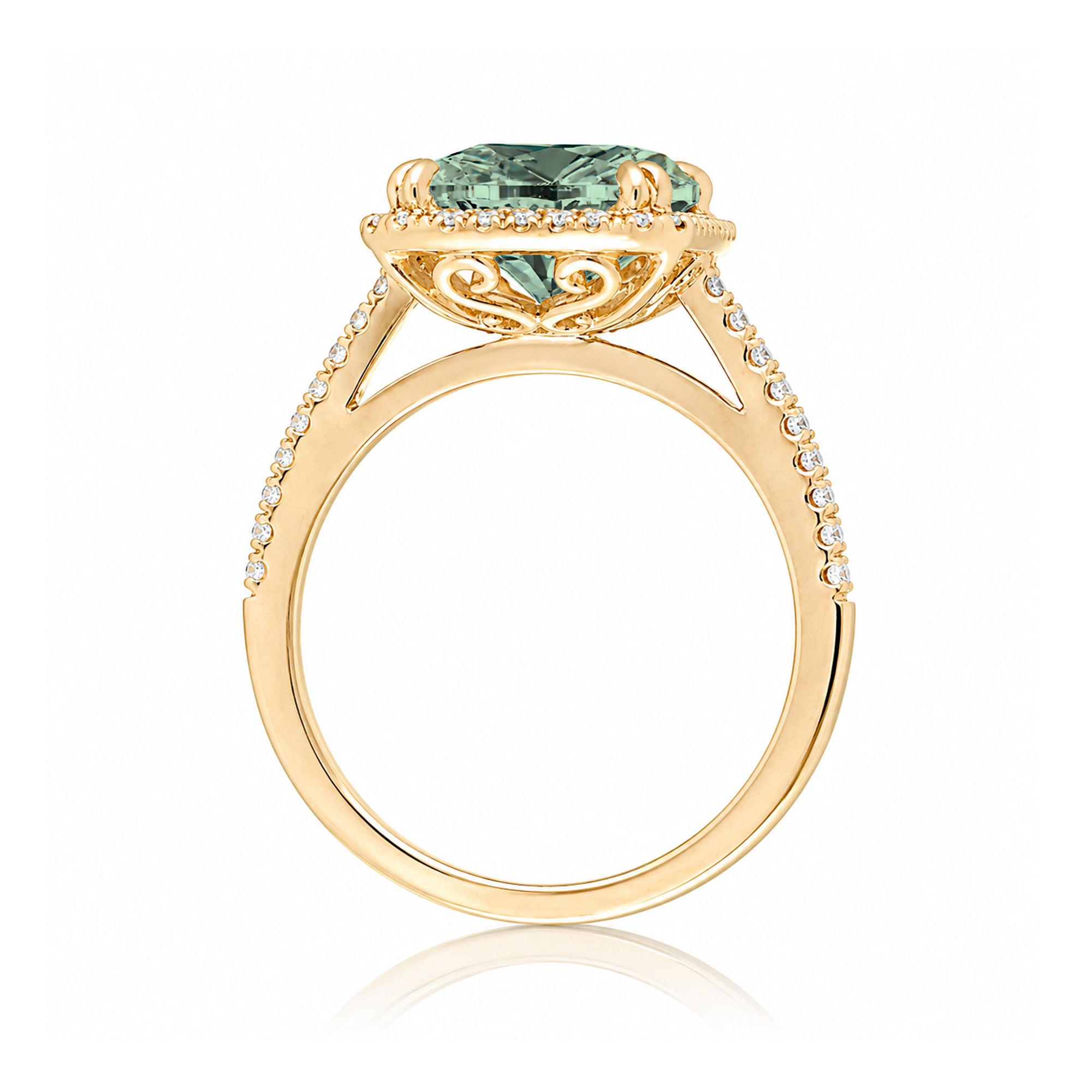 Emerald cut green sapphire diamond halo and square band cathedral setting yellow gold