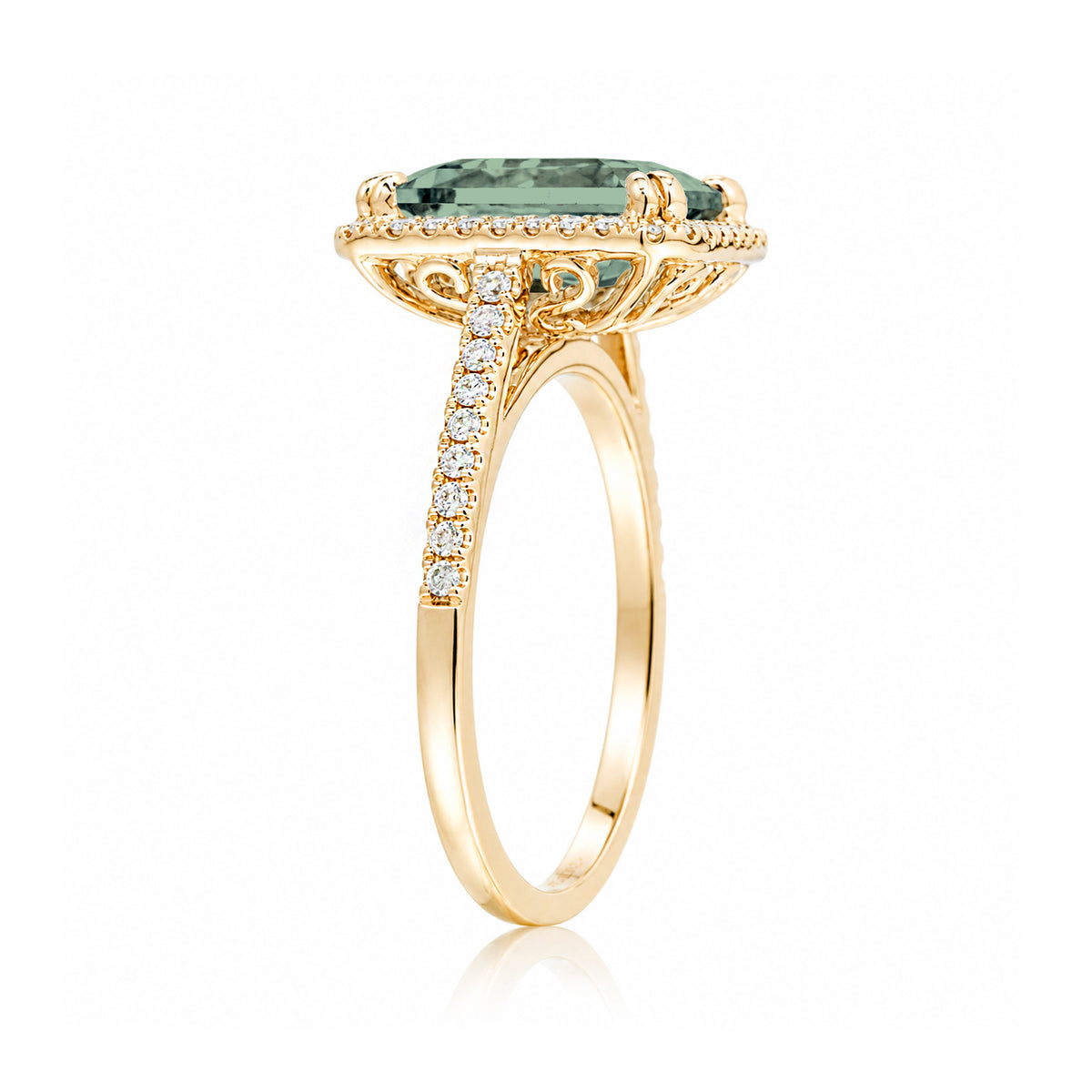 Emerald cut green sapphire diamond halo and square band cathedral setting yellow gold