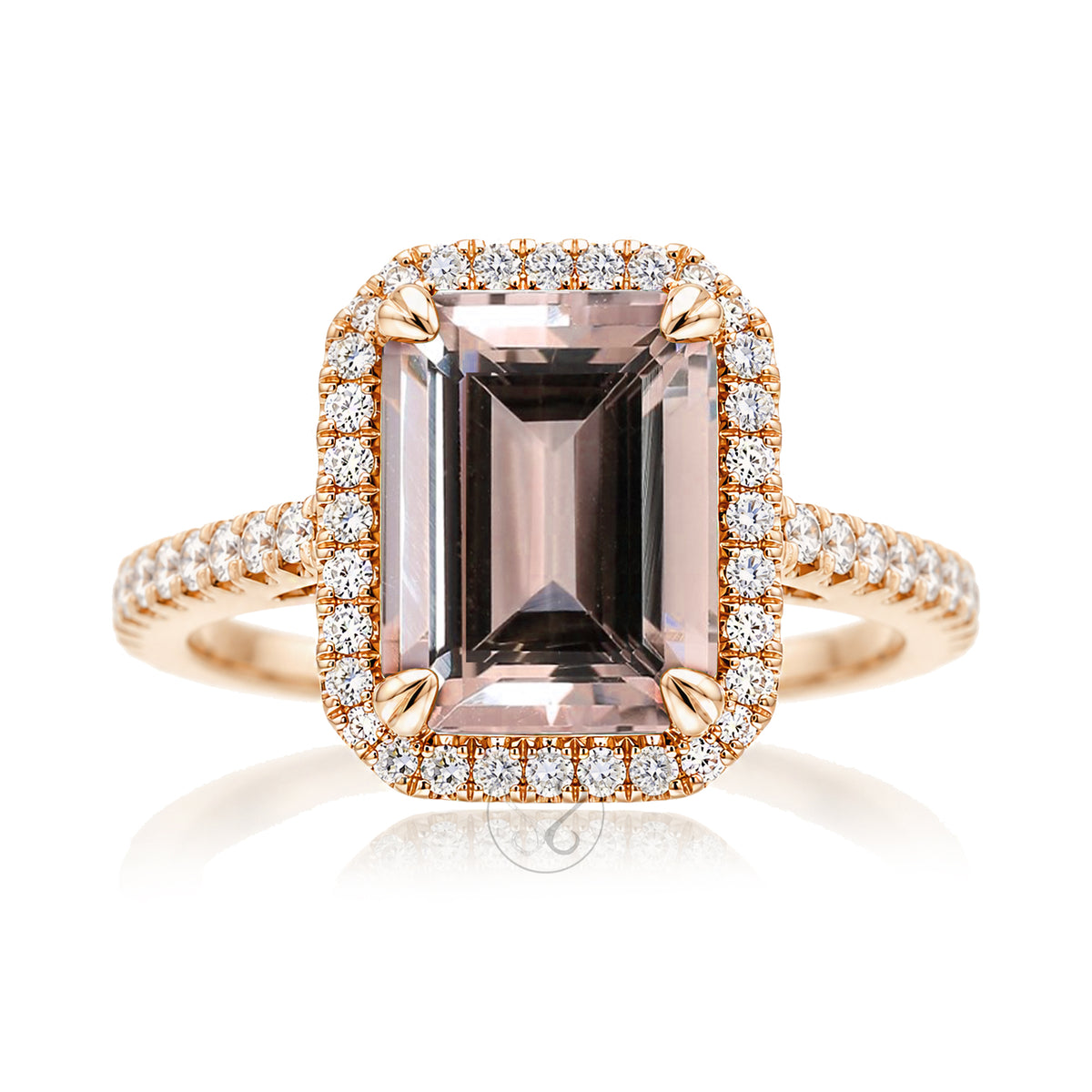 Emerald cut morganite diamond halo and square band cathedral setting rose gold