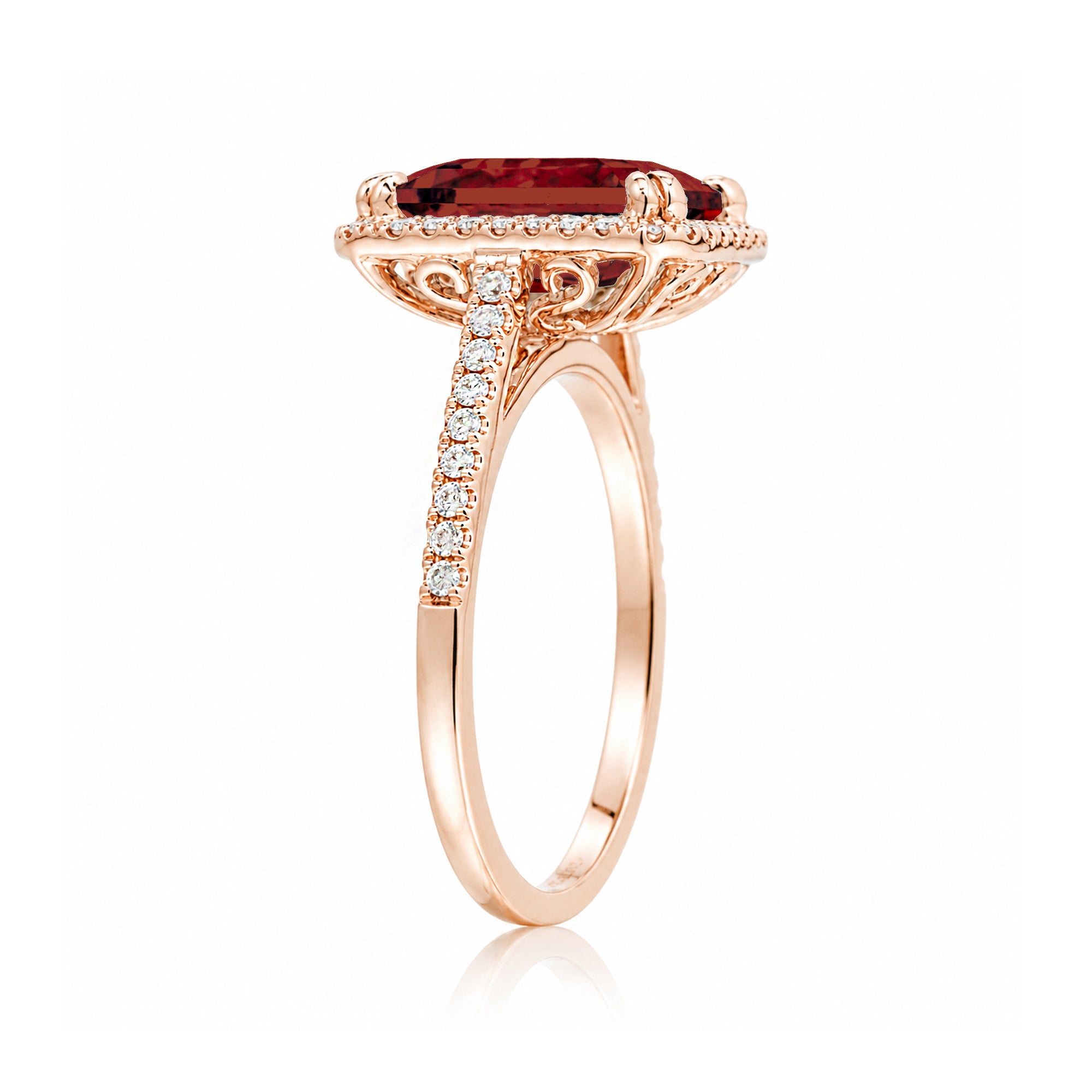 Emerald step cut ruby halo ring with a squarish band and cathedral setting rose gold