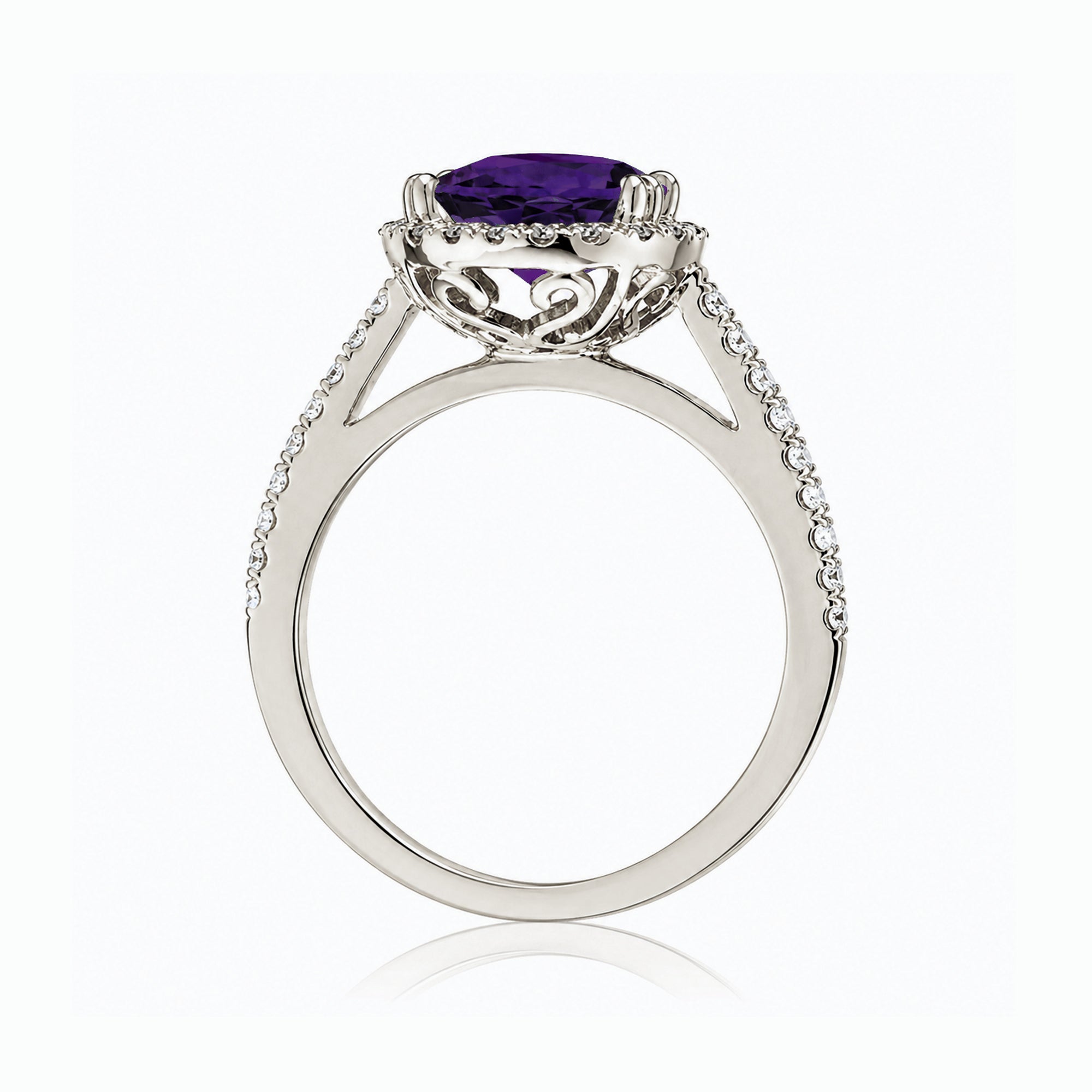 Oval Cut Purple Sapphire Diamond Halo Engagement Ring Amethyst