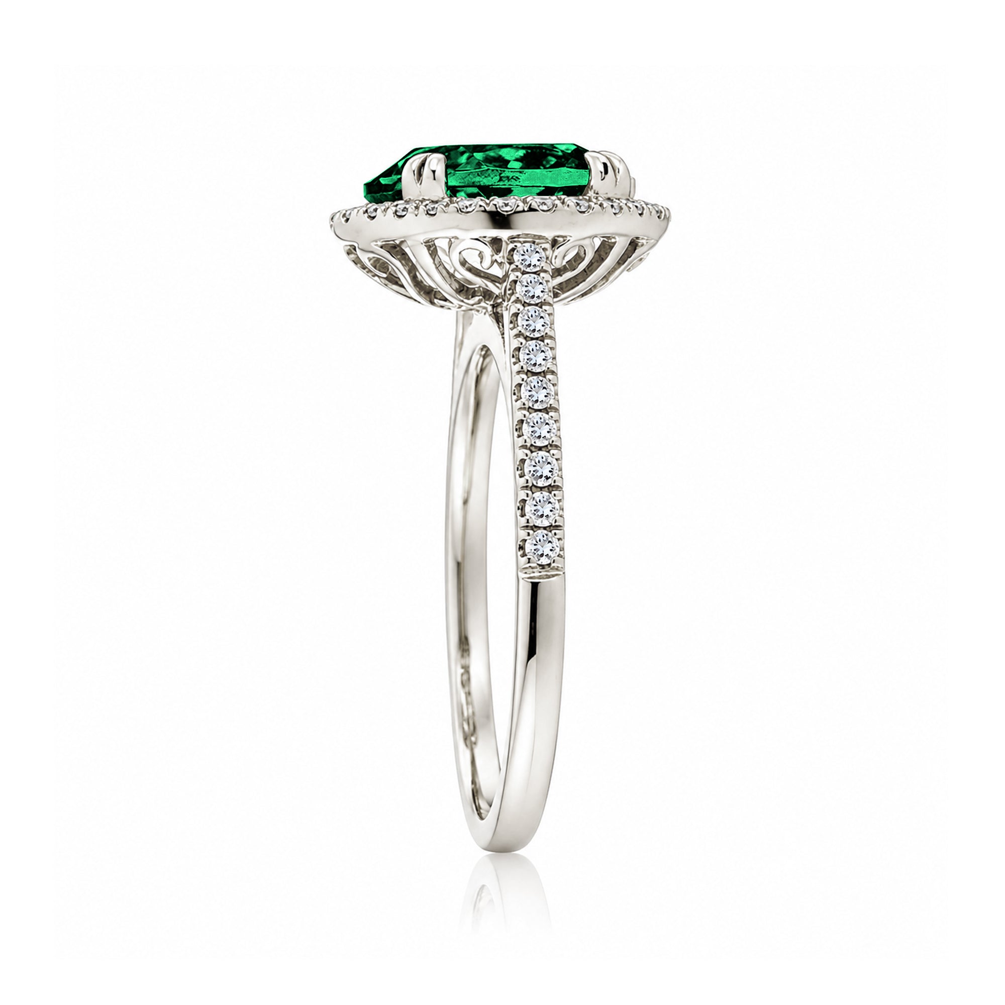 Oval Cut Lab Grown Emerald Engagement Ring With Diamond Halo