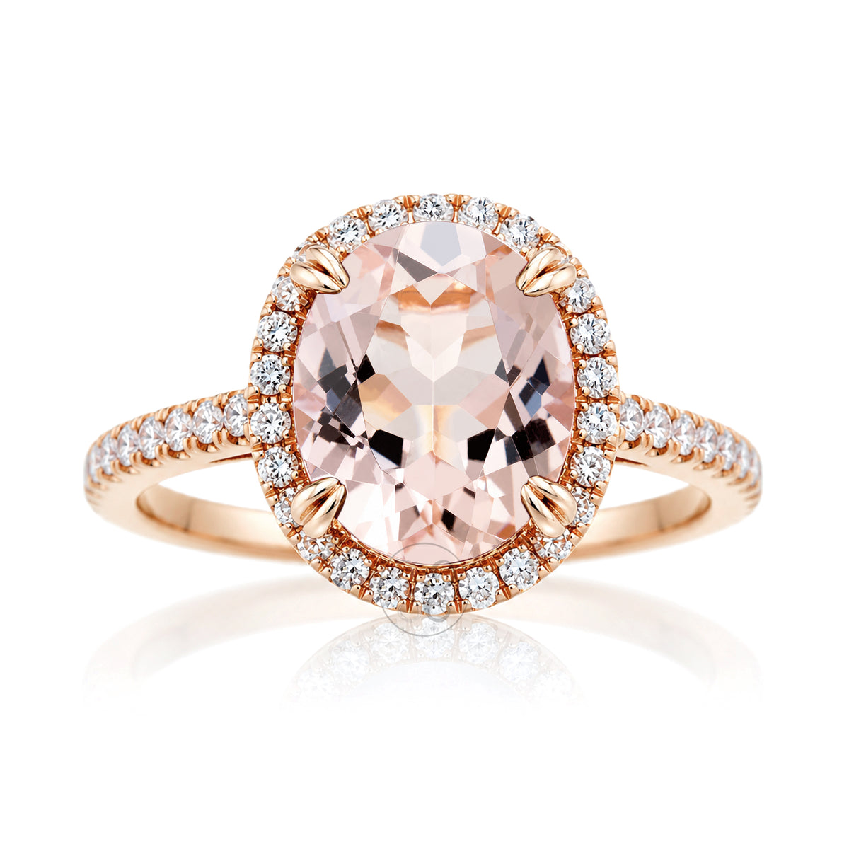 Oval morganite diamond halo ring in rose gold with square band
