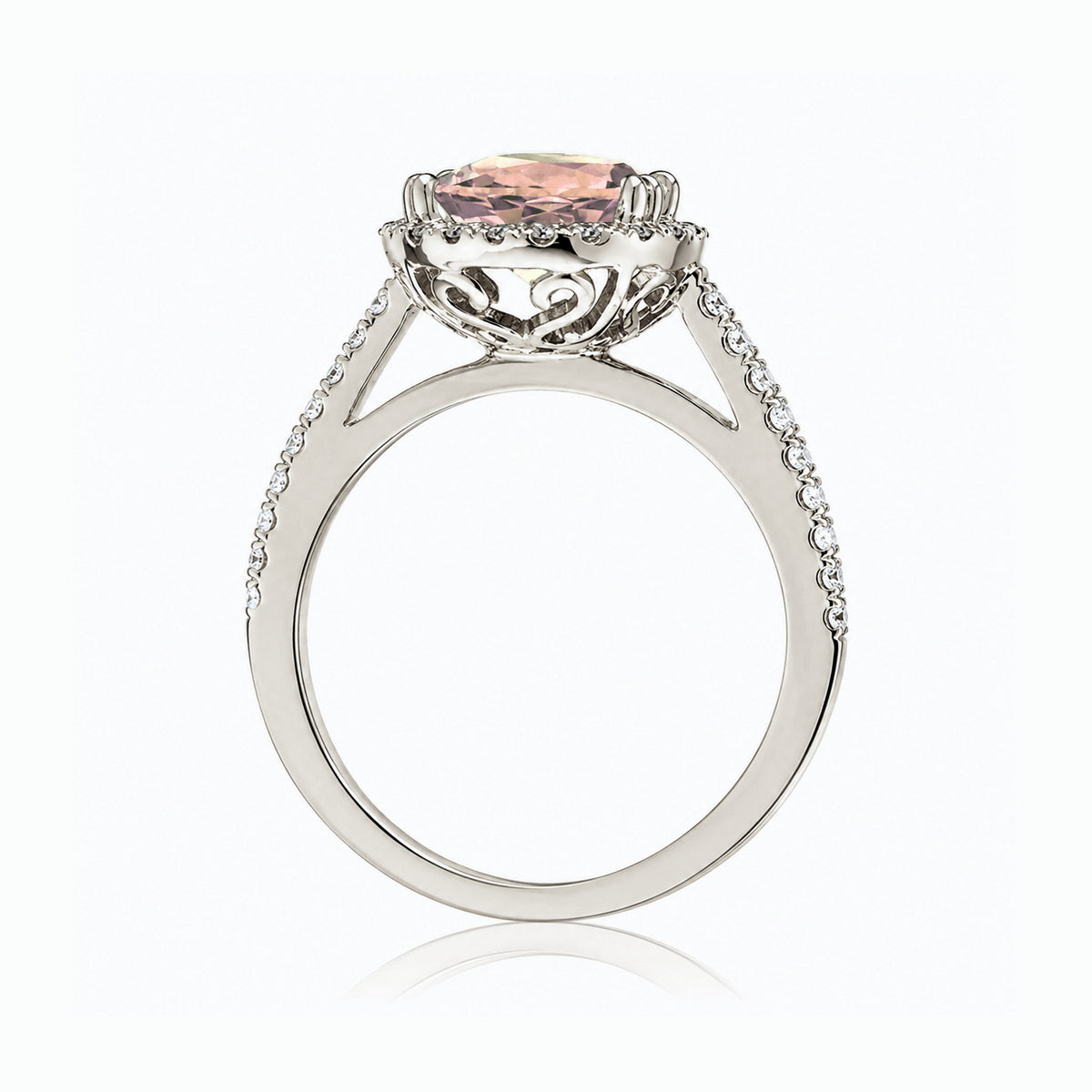 Oval morganite diamond halo ring in white gold with square band