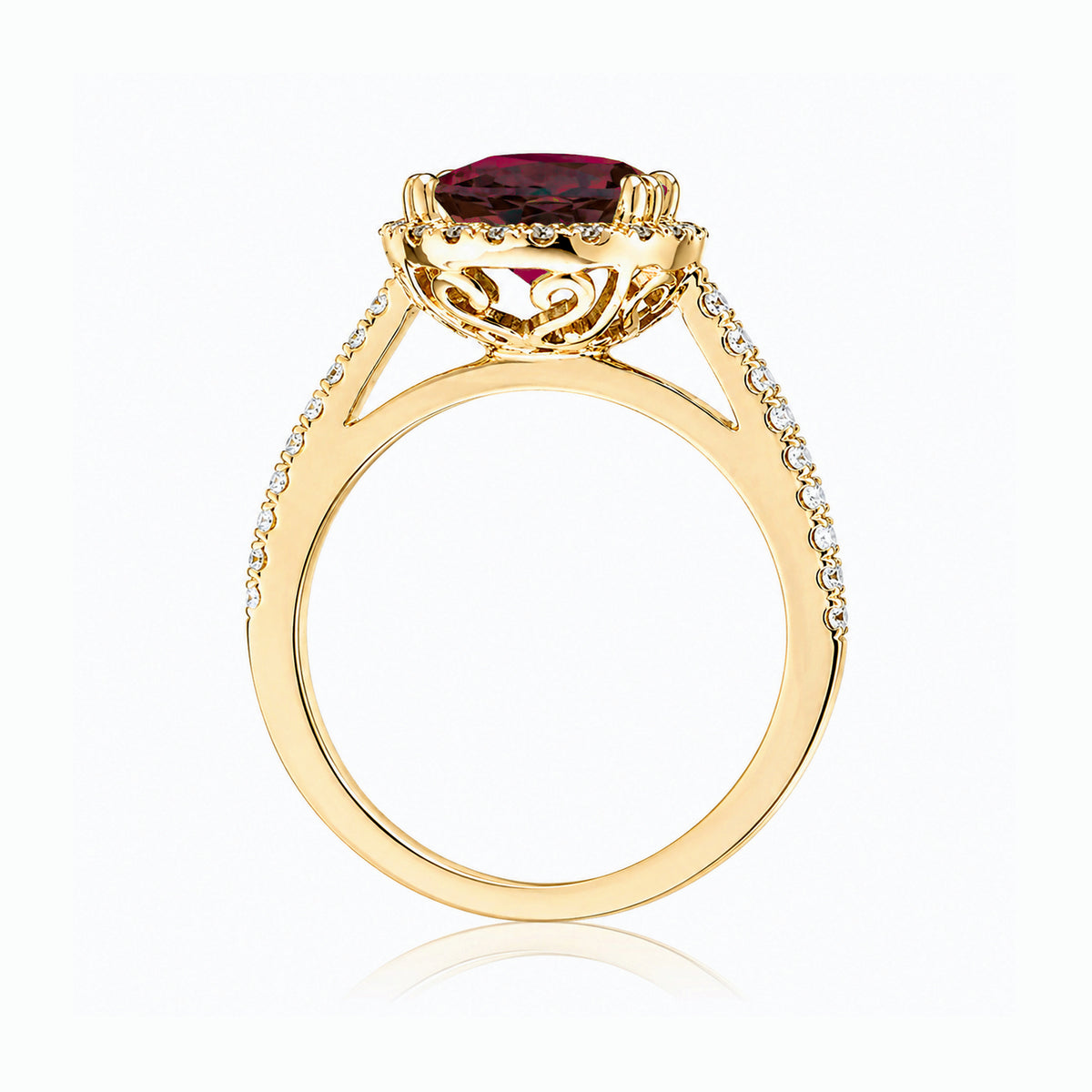 Oval ruby diamond halo engagement ring with square band in a cathedral yellow gold setting
