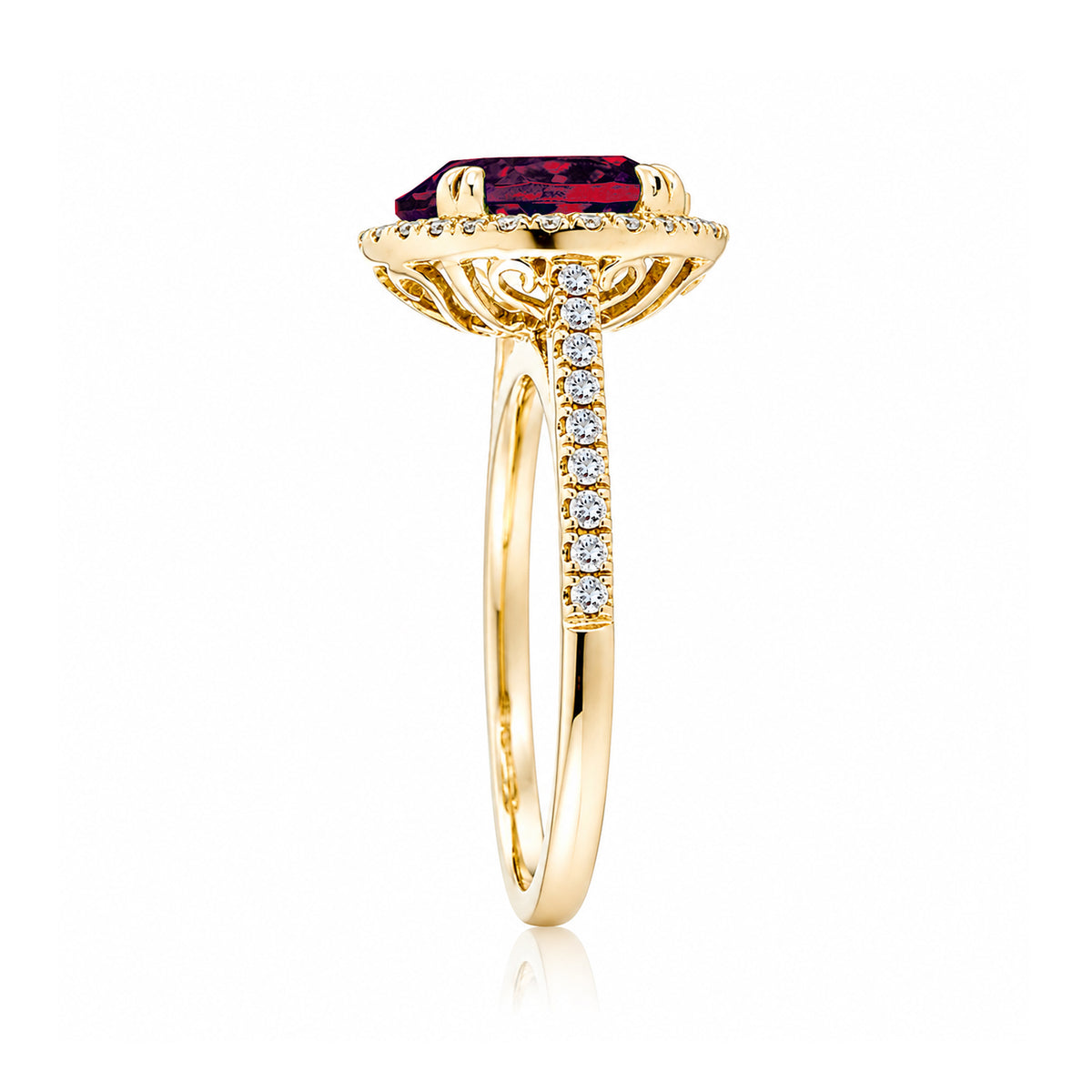 Oval ruby diamond halo engagement ring with square band in a cathedral yellow gold setting